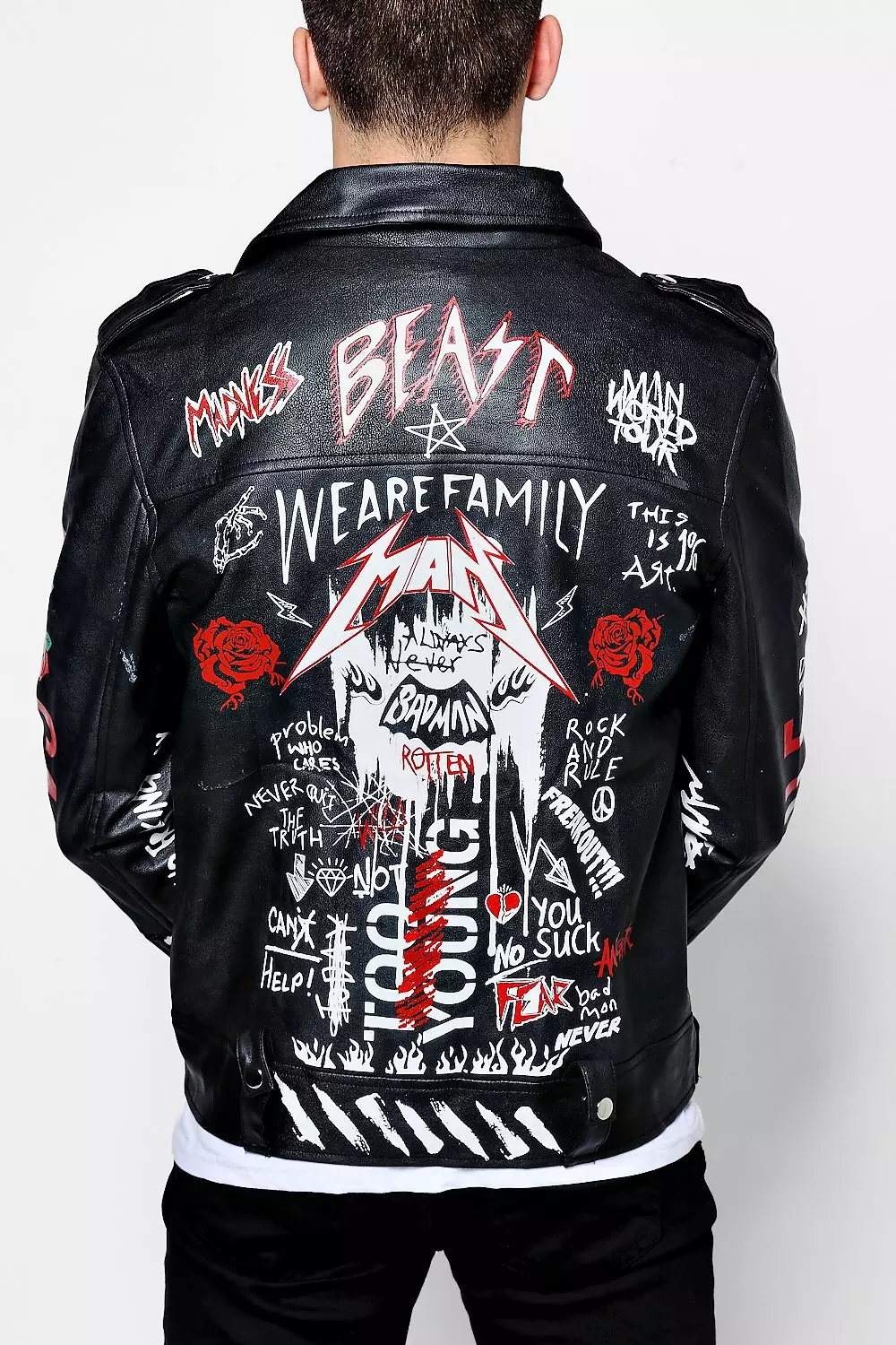 Black Faux Leather Graffiti Print Biker Jacket | boohooMAN USA