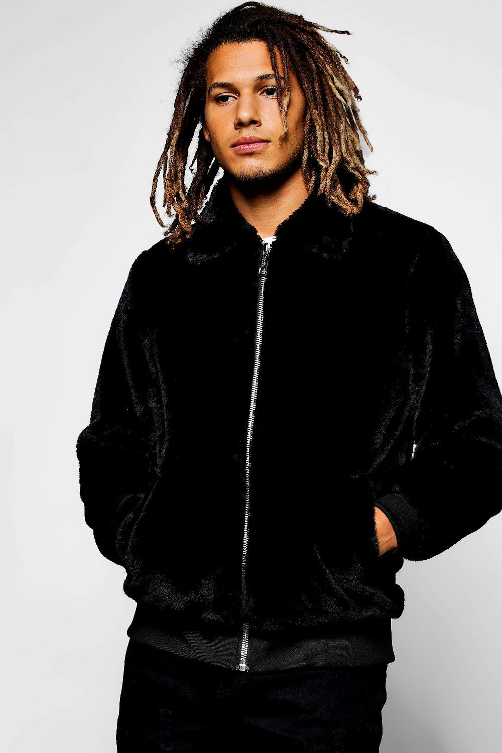 faux fur zip up hoodie black