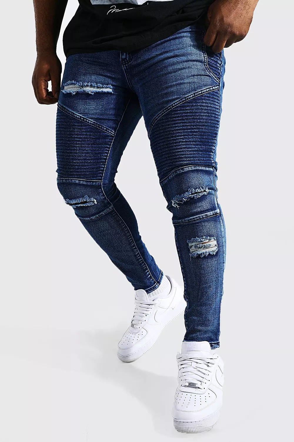 Plus Size Blue Skinny Fit Ripped Biker Jeans