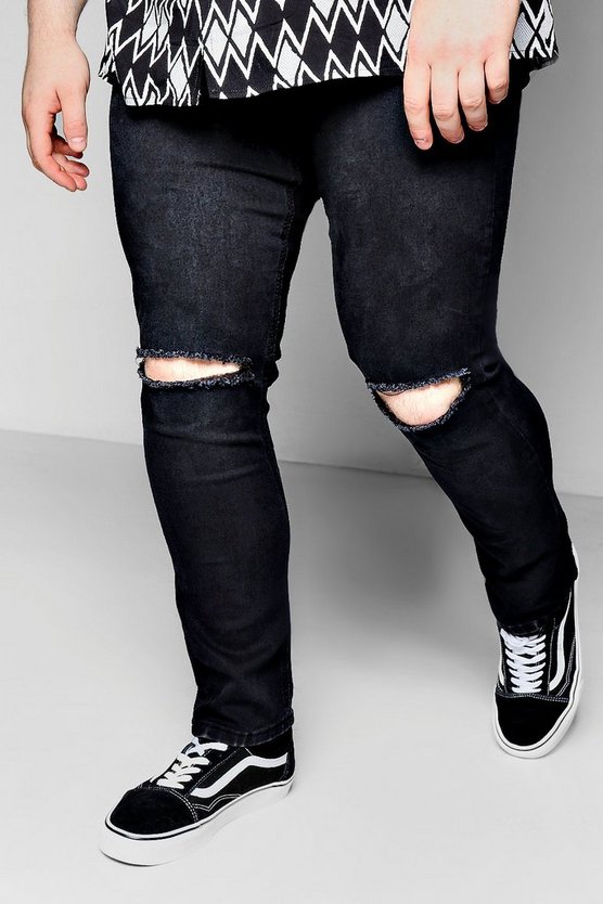 Big And Tall Black Ripped Knee Skinny Jeans | Boohoo