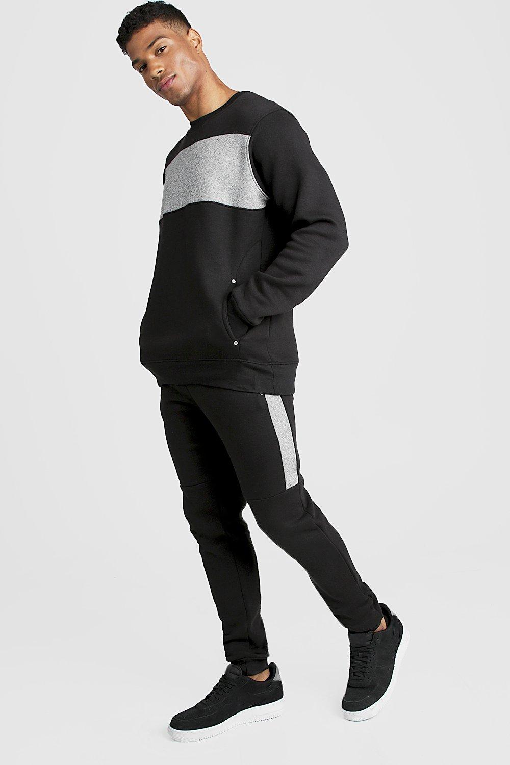 

Skinny Fit Contrast Chest Panel Tracksuit, Черный