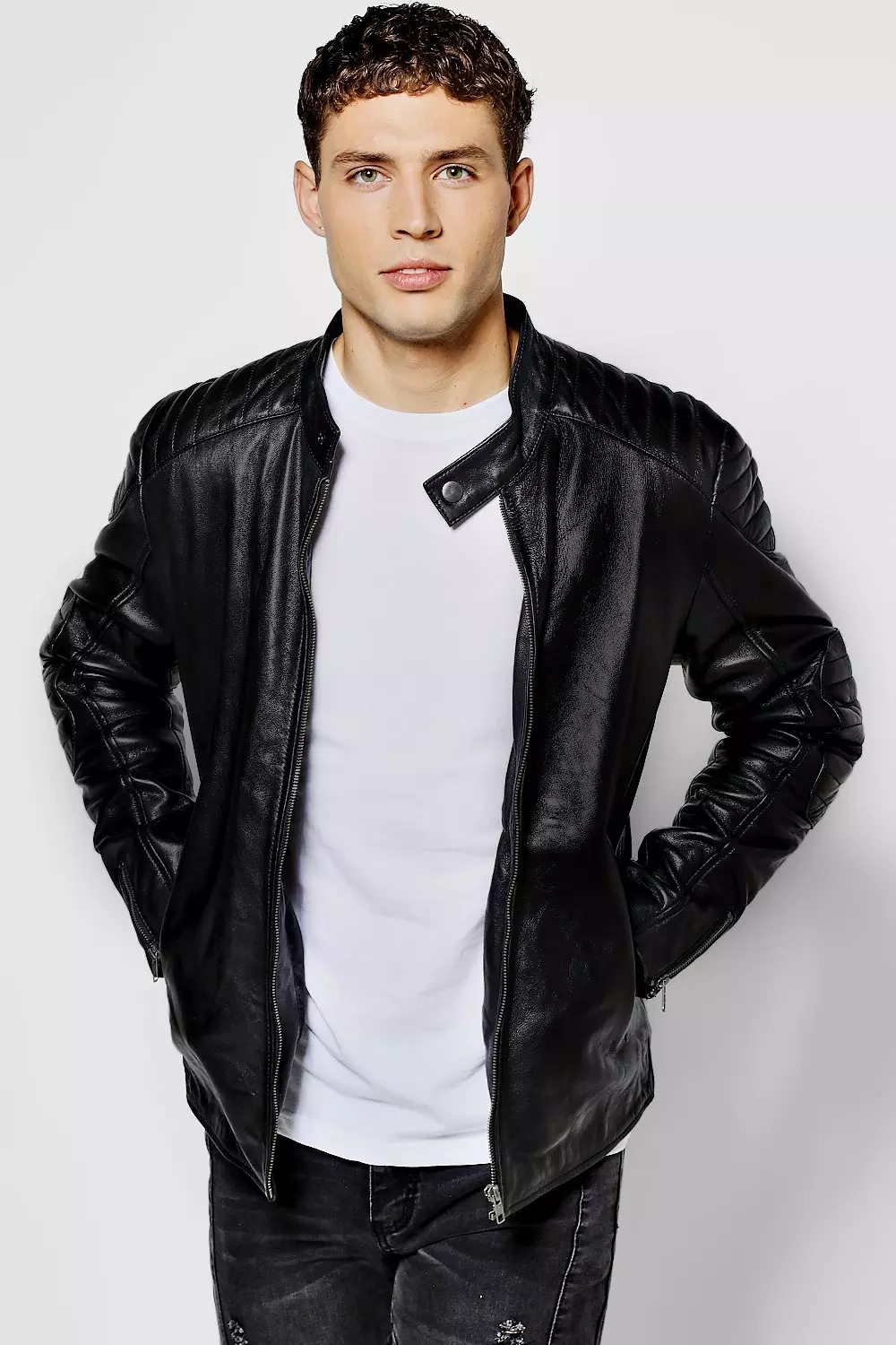 Collarless leather outlet biker jacket