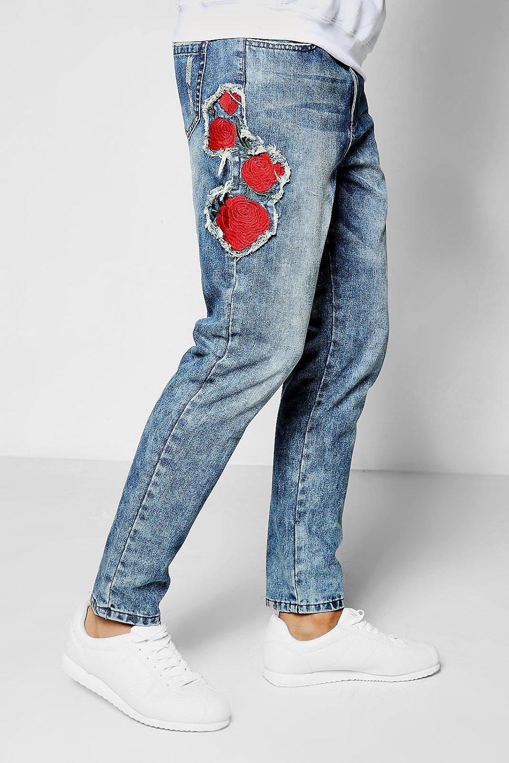 mens rose embroidered jeans