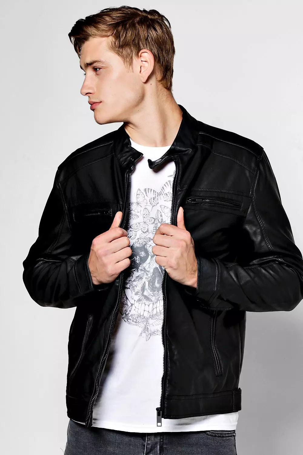 Black Grandad Collar Multi Zip PU Biker Jacket