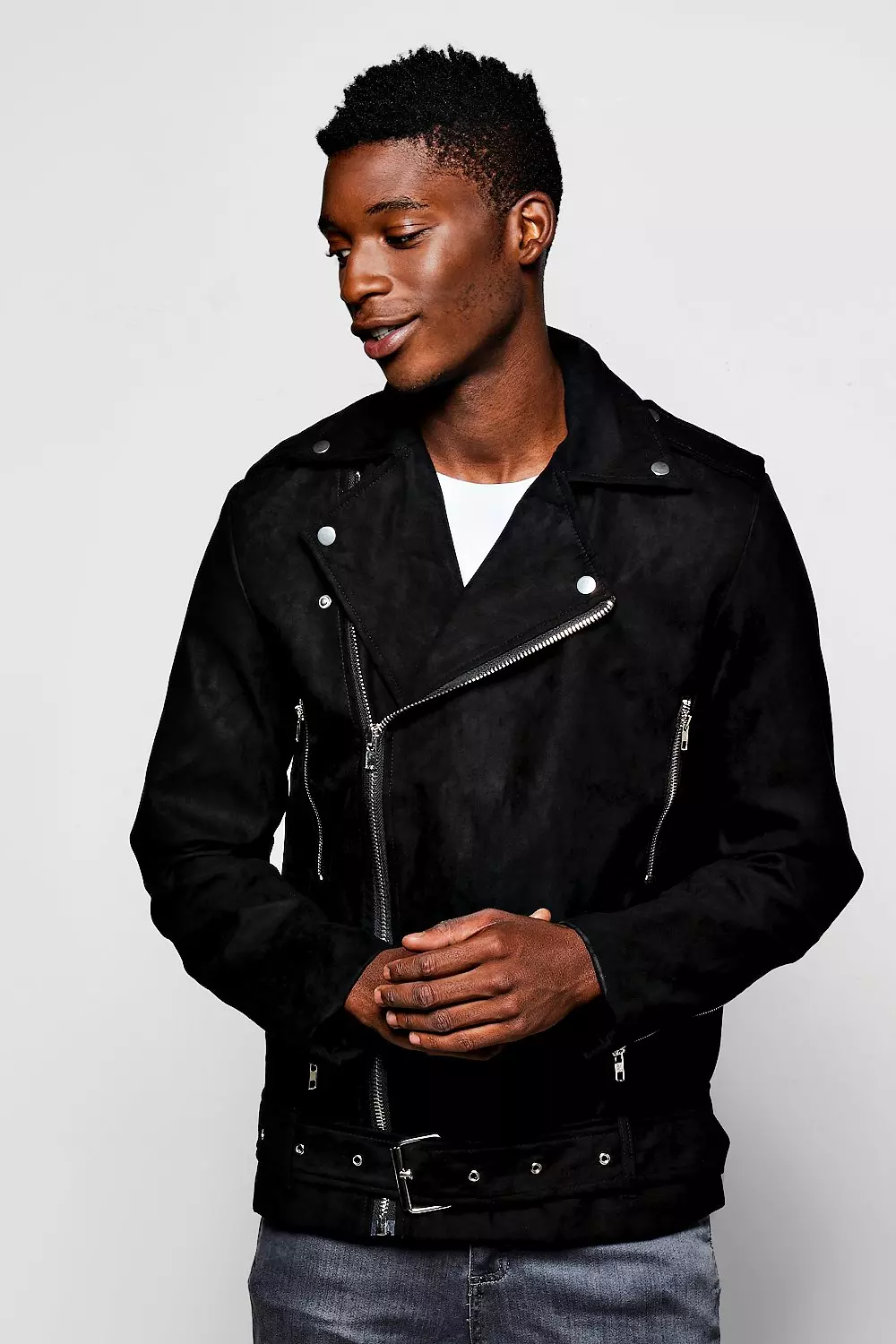 Black Faux Suede Biker Jacket boohooMAN UK