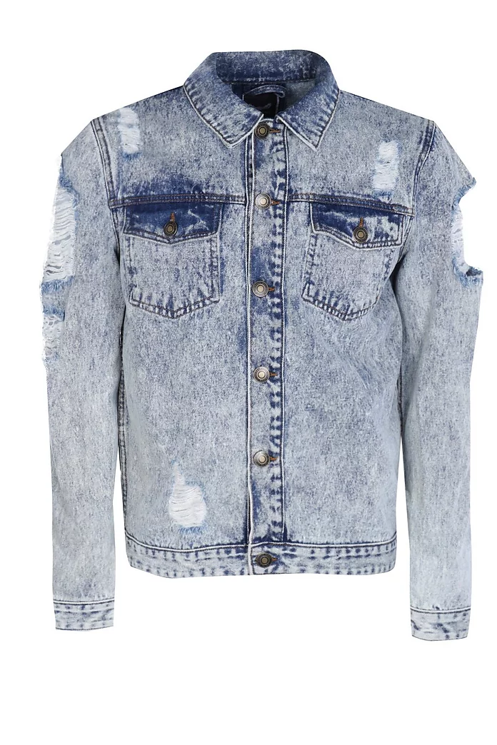 Snow Wash Denim Jacket with Open Rips