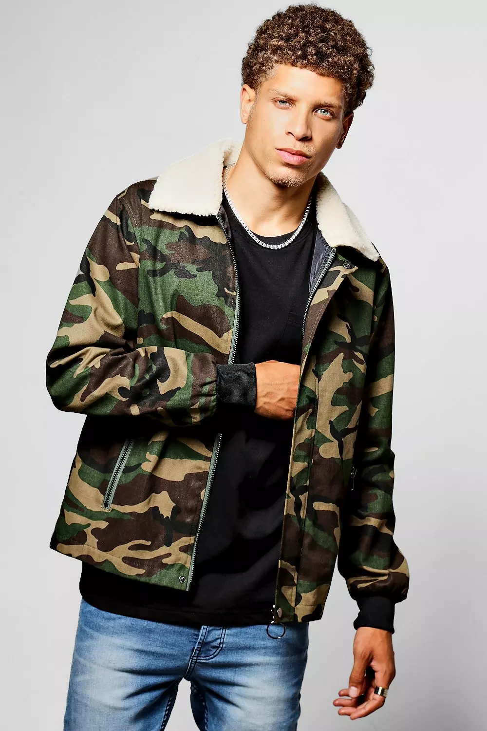 Camo Denim Jacket With Borg Collar | boohooMAN USA