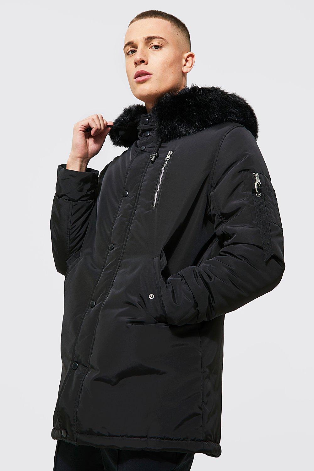 black parka with fur hood