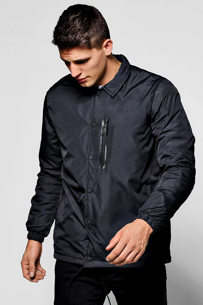 Black Coach Jacket With MA1 Chest Zip | boohooMAN USA