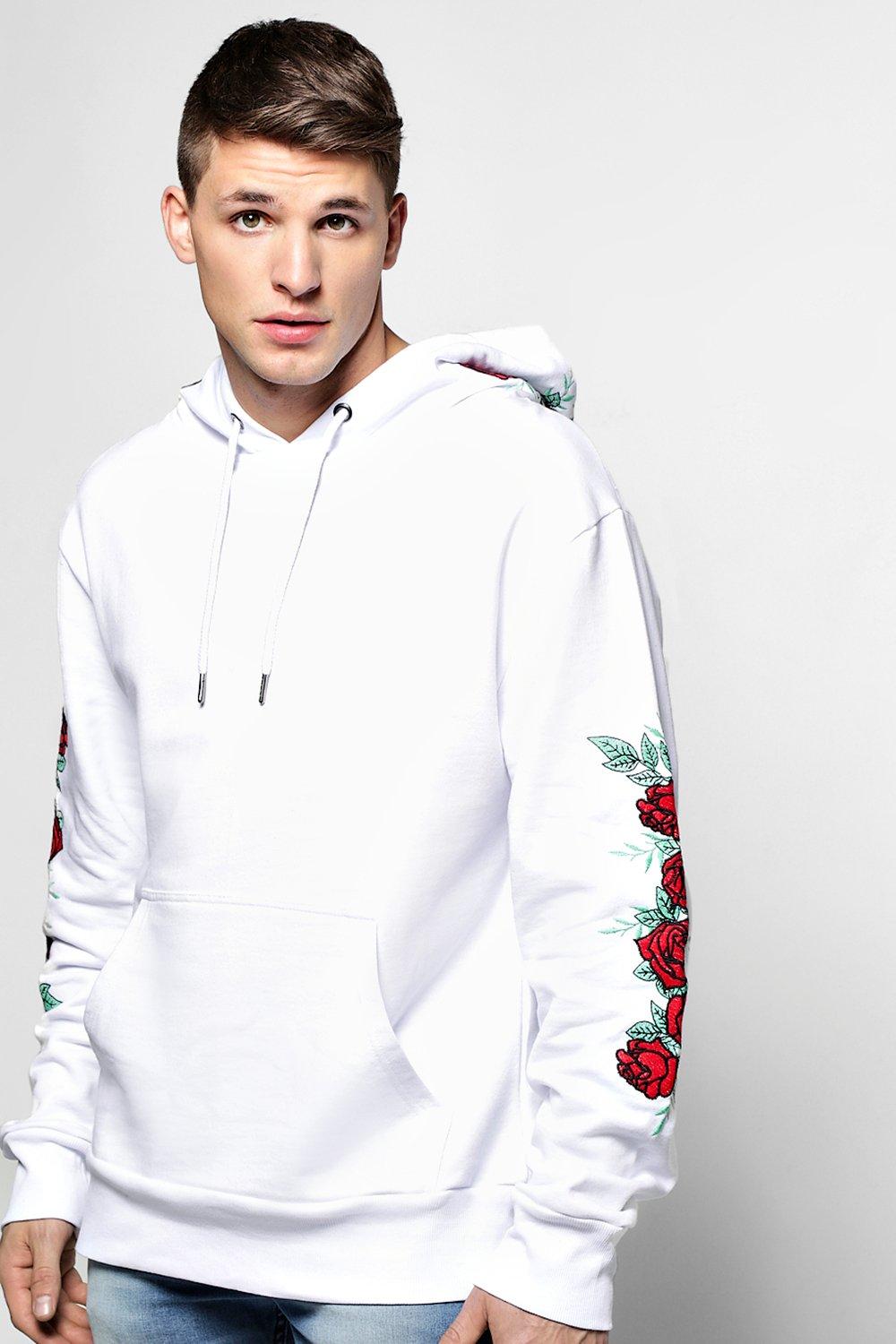 white hoodie with a rose