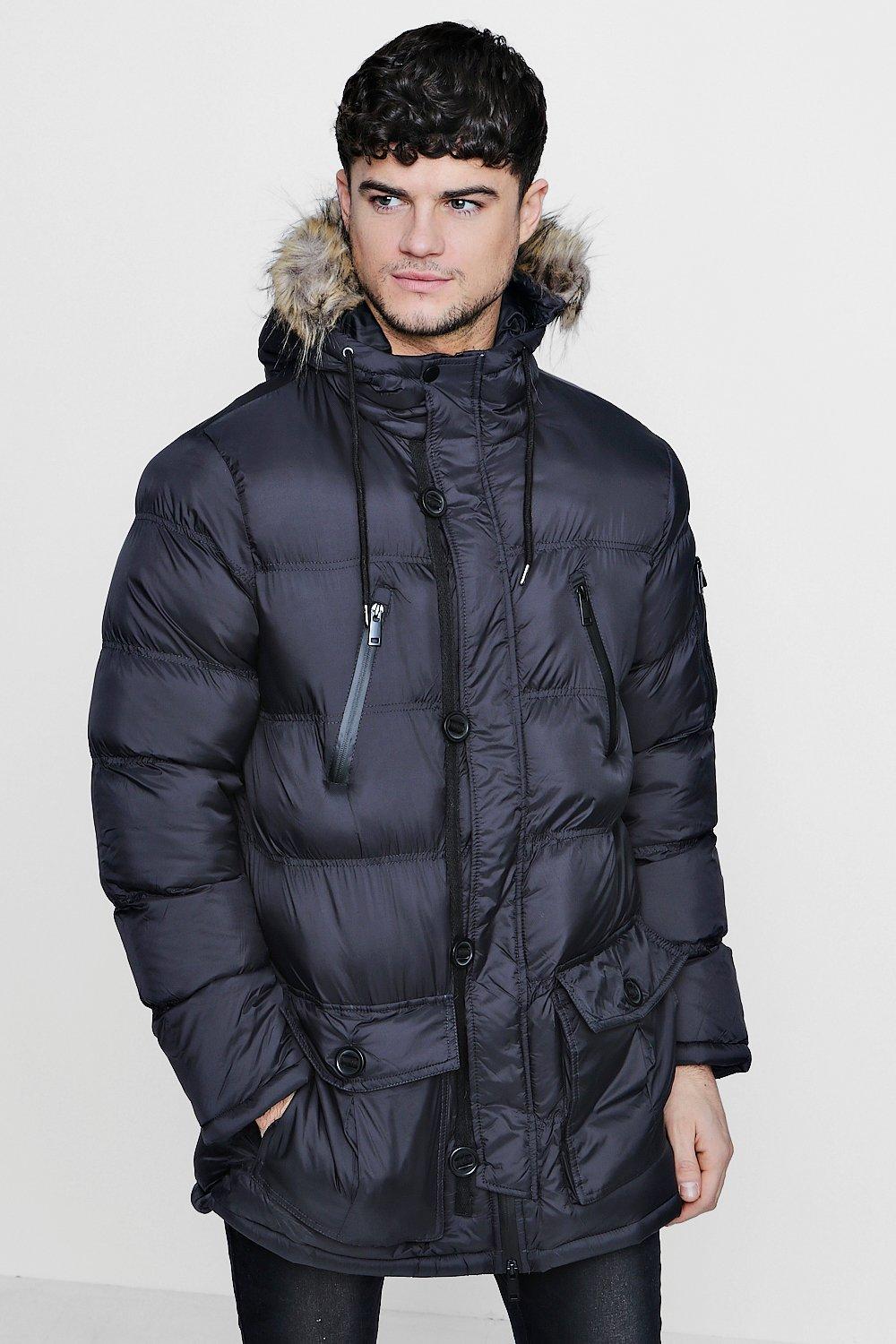 padded parka jacket with faux fur hood