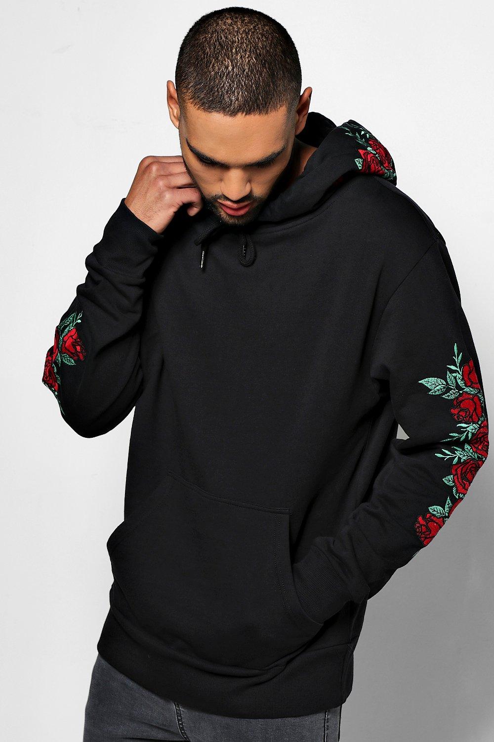 mens black hoodie with roses