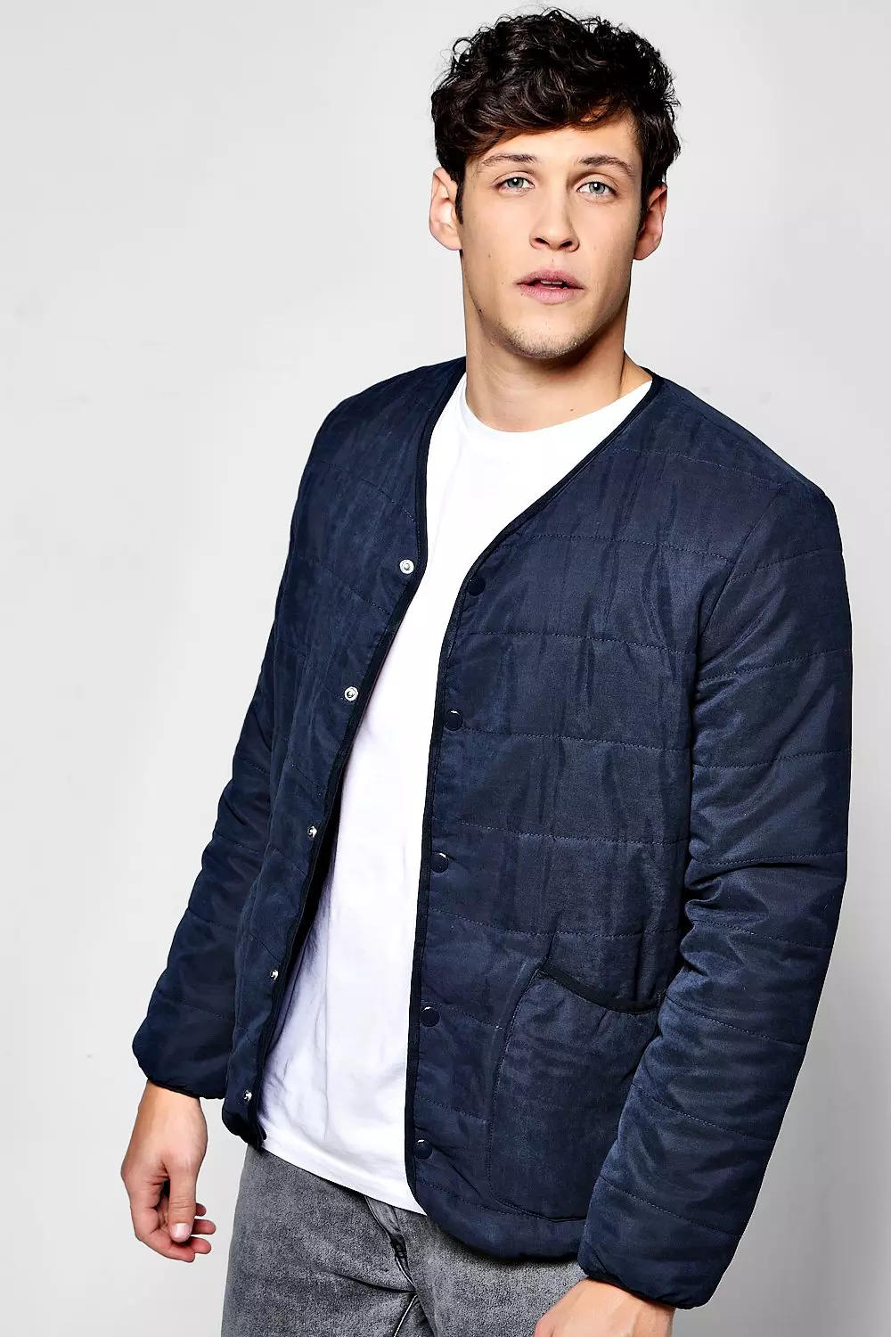 Quilted Collarless Jacket boohooMAN USA