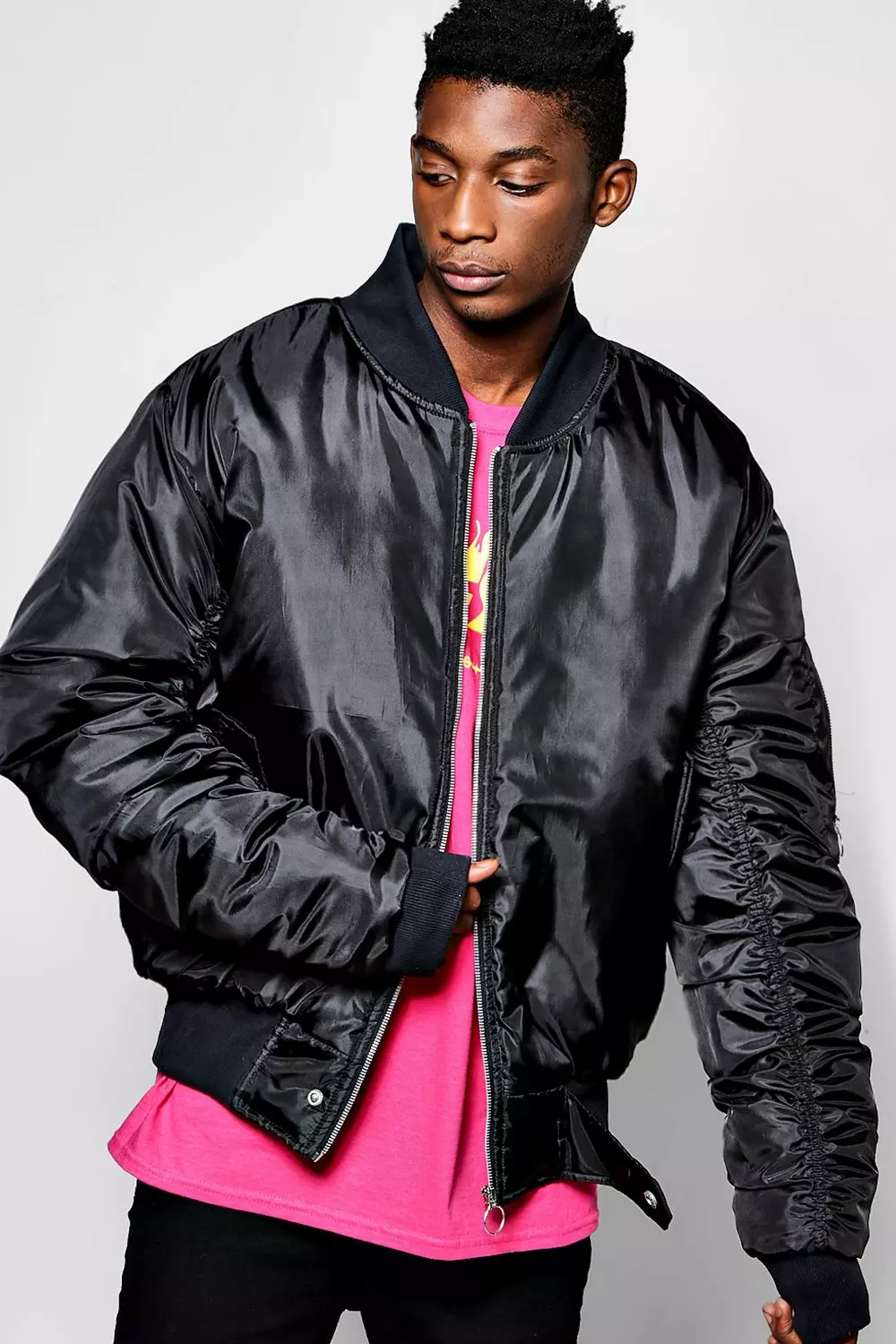 Oversized MA1 Bomber With Ruched Sleeves | boohooMAN USA