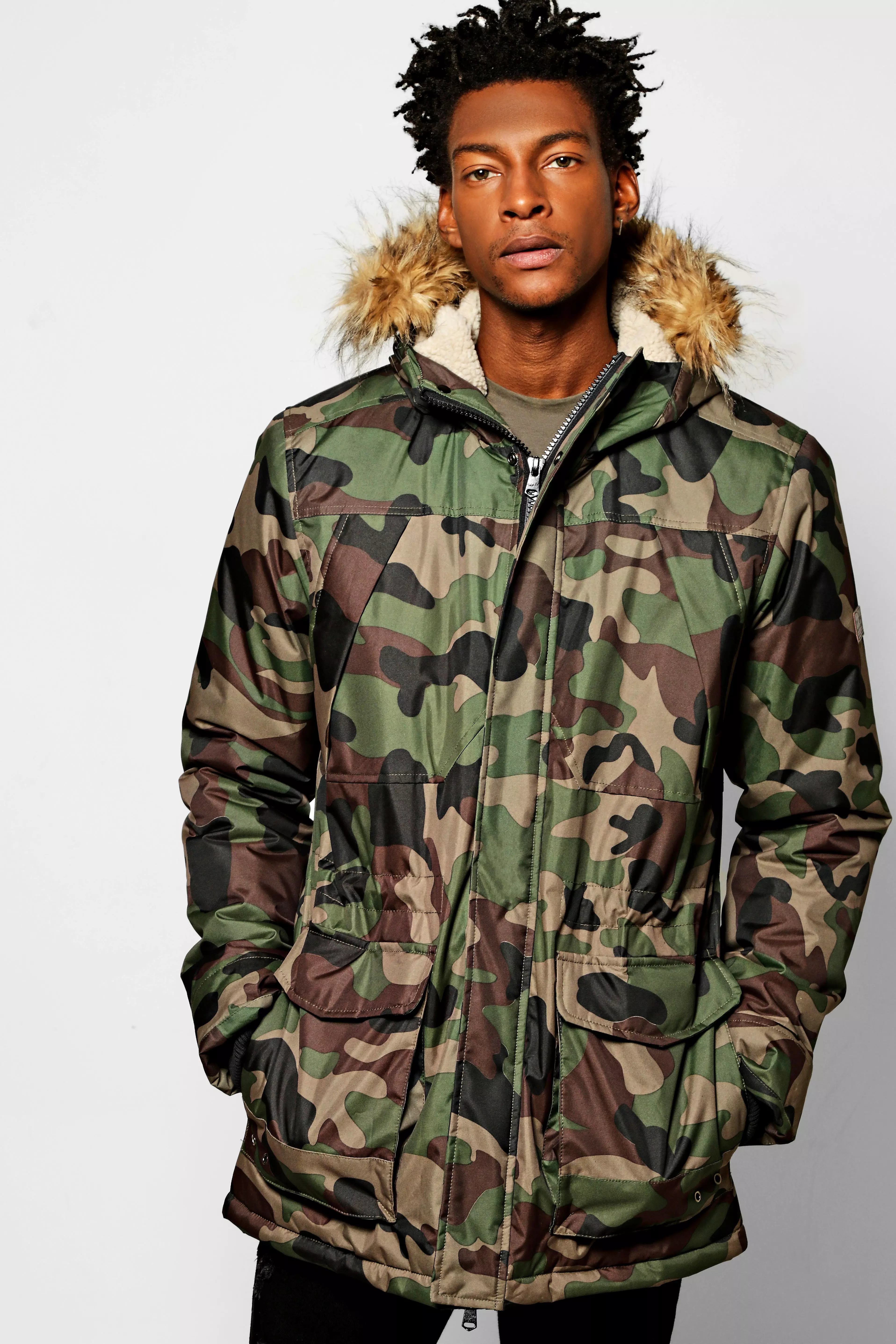 Faux Shearling Camo Print Jacket