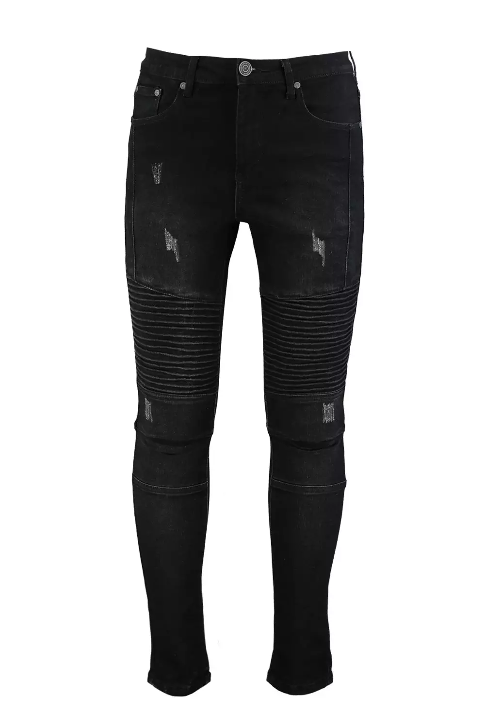 Skinny Ribbed Biker Jeans With Abrasions