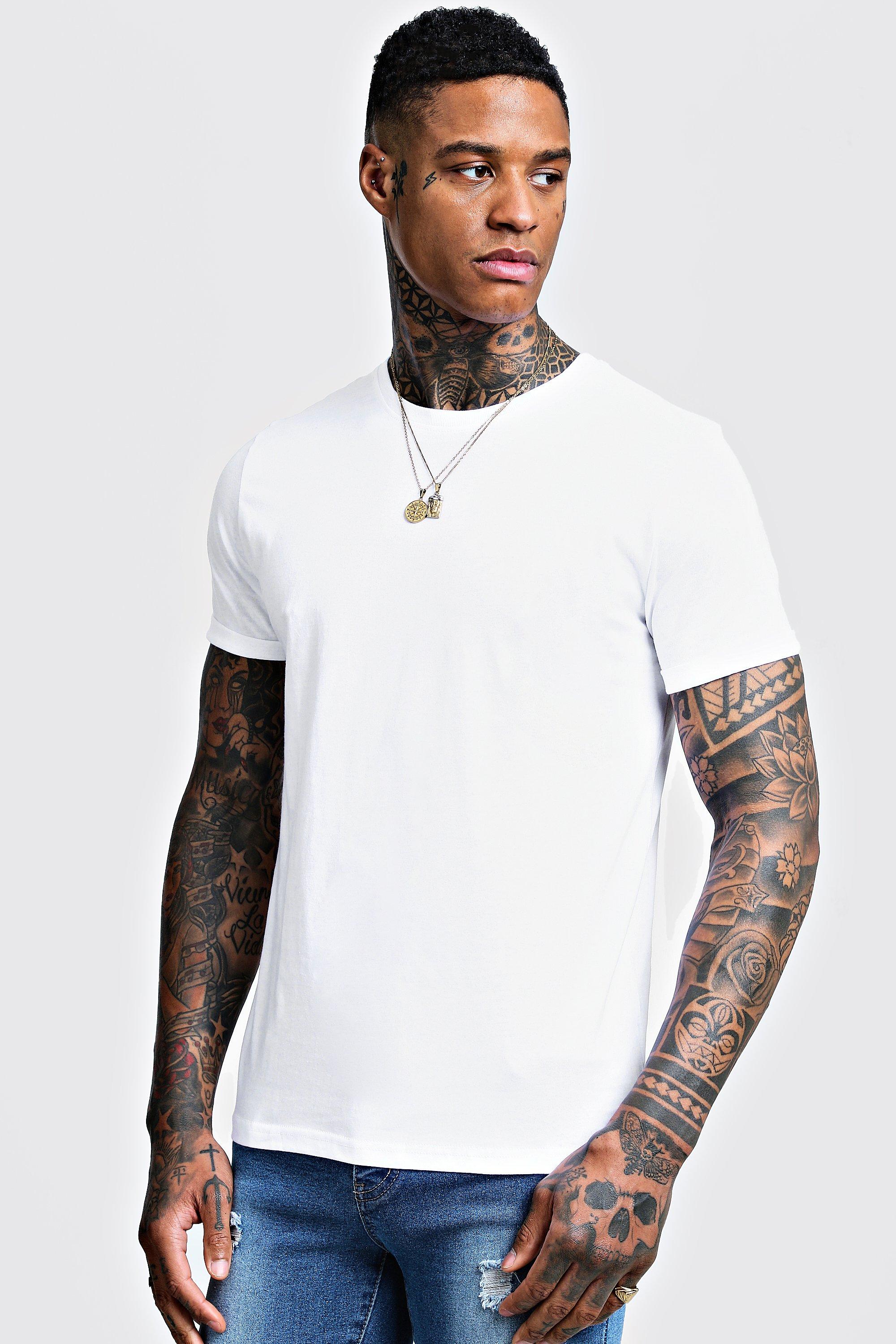 Crew Neck T-Shirt with Rolled Sleeves - boohooMAN