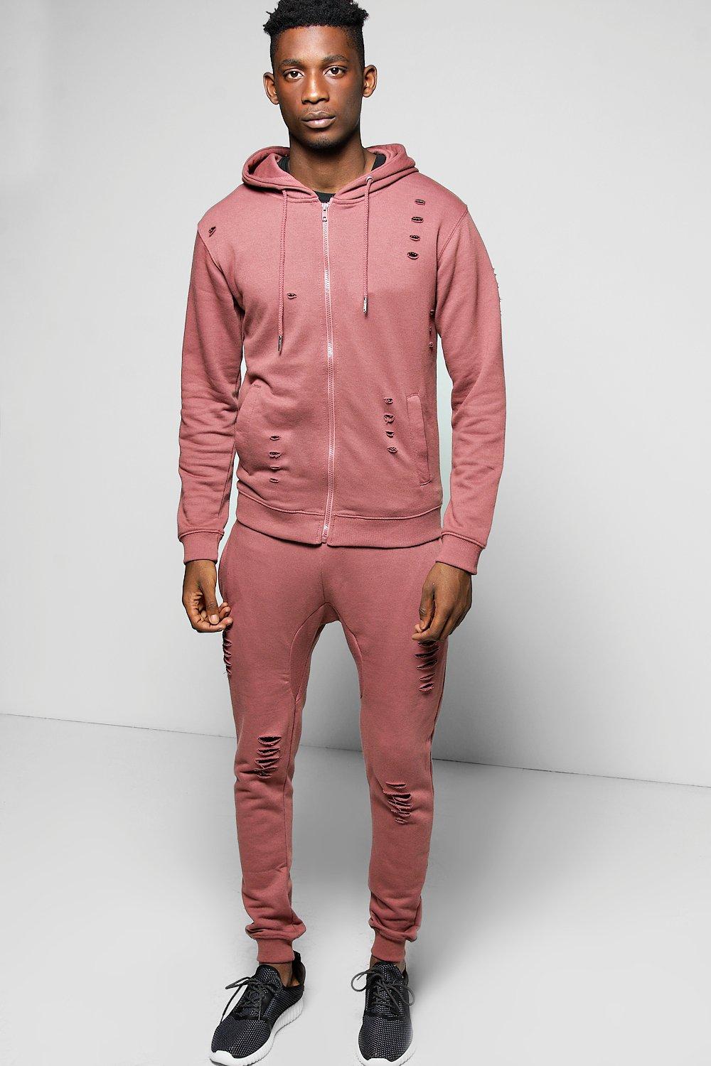 Skinny Fit Distressed Hooded Tracksuit | Boohoo