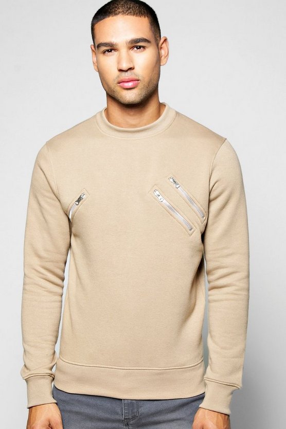 Crew Neck Sweatshirt With Zip Detail | Boohoo
