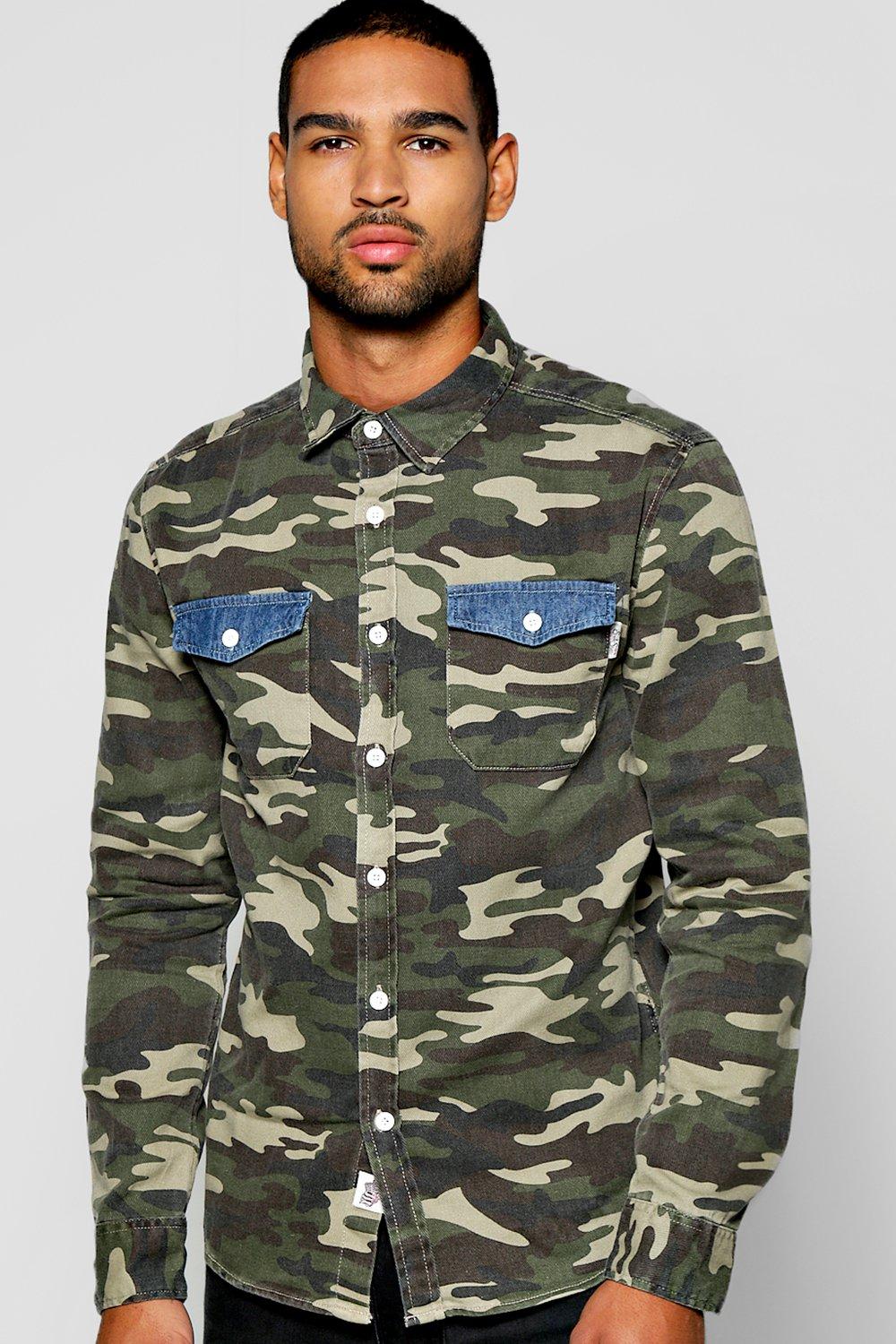 Long Sleeve Camo Shirt With Denim Pockets | Boohoo