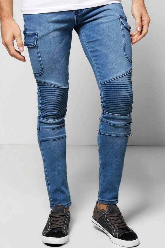 Stretch Skinny Biker Jeans with Cargo Detailing - boohooMAN