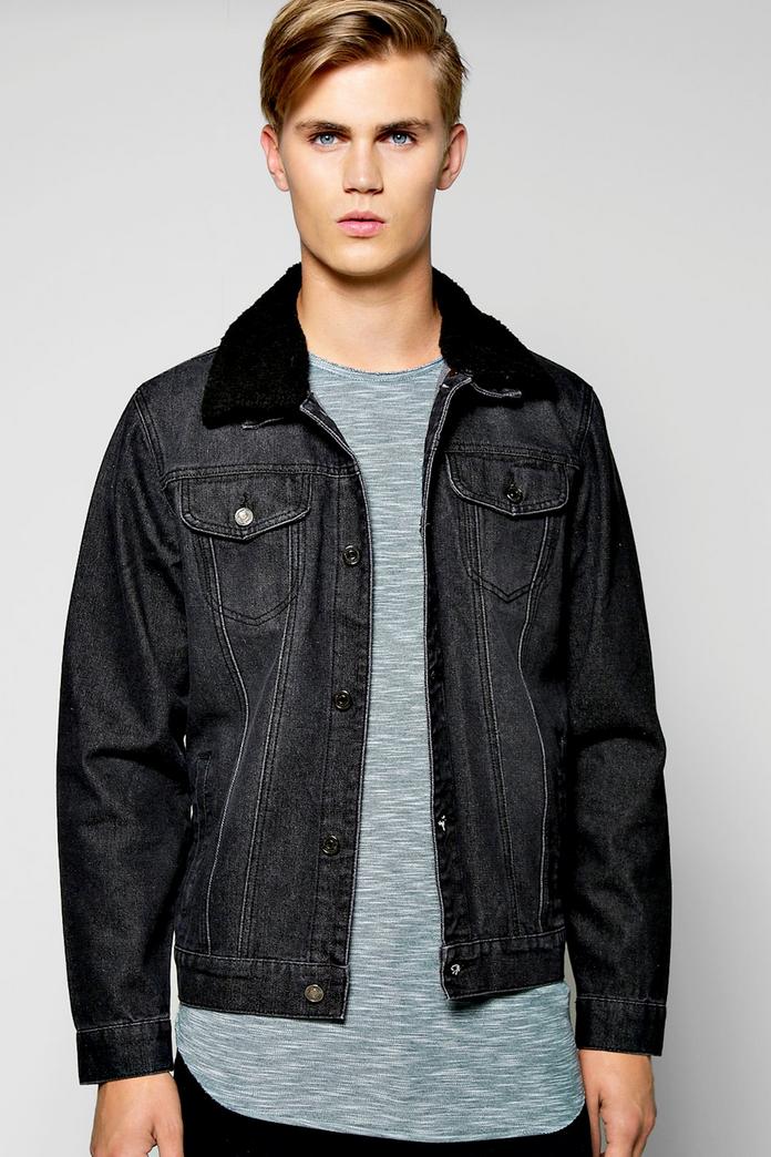 Borg Collar Washed Black Denim Jacket | Boohoo