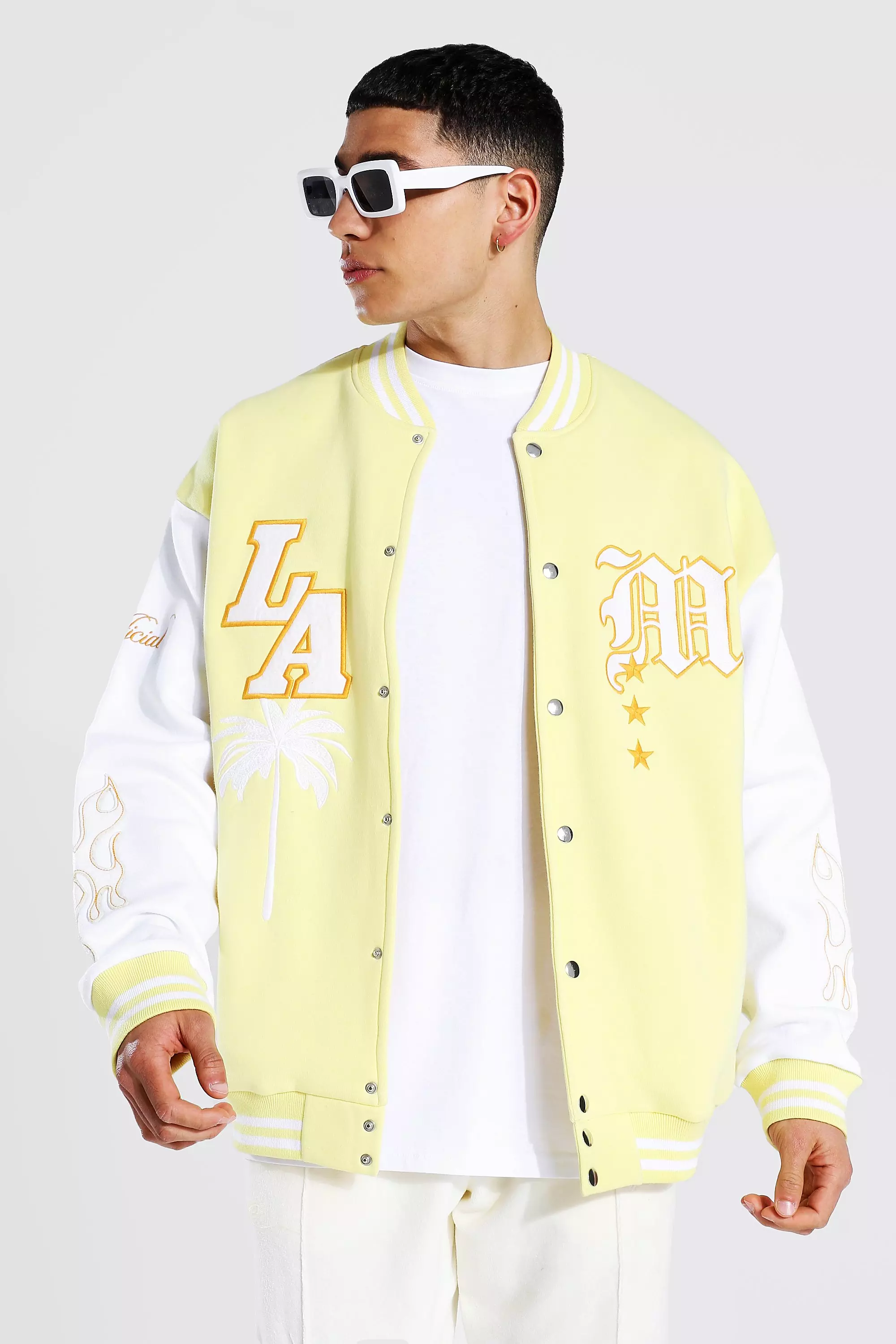 Jersey Varsity Bomber Jacket With Skull Badge | boohooMAN