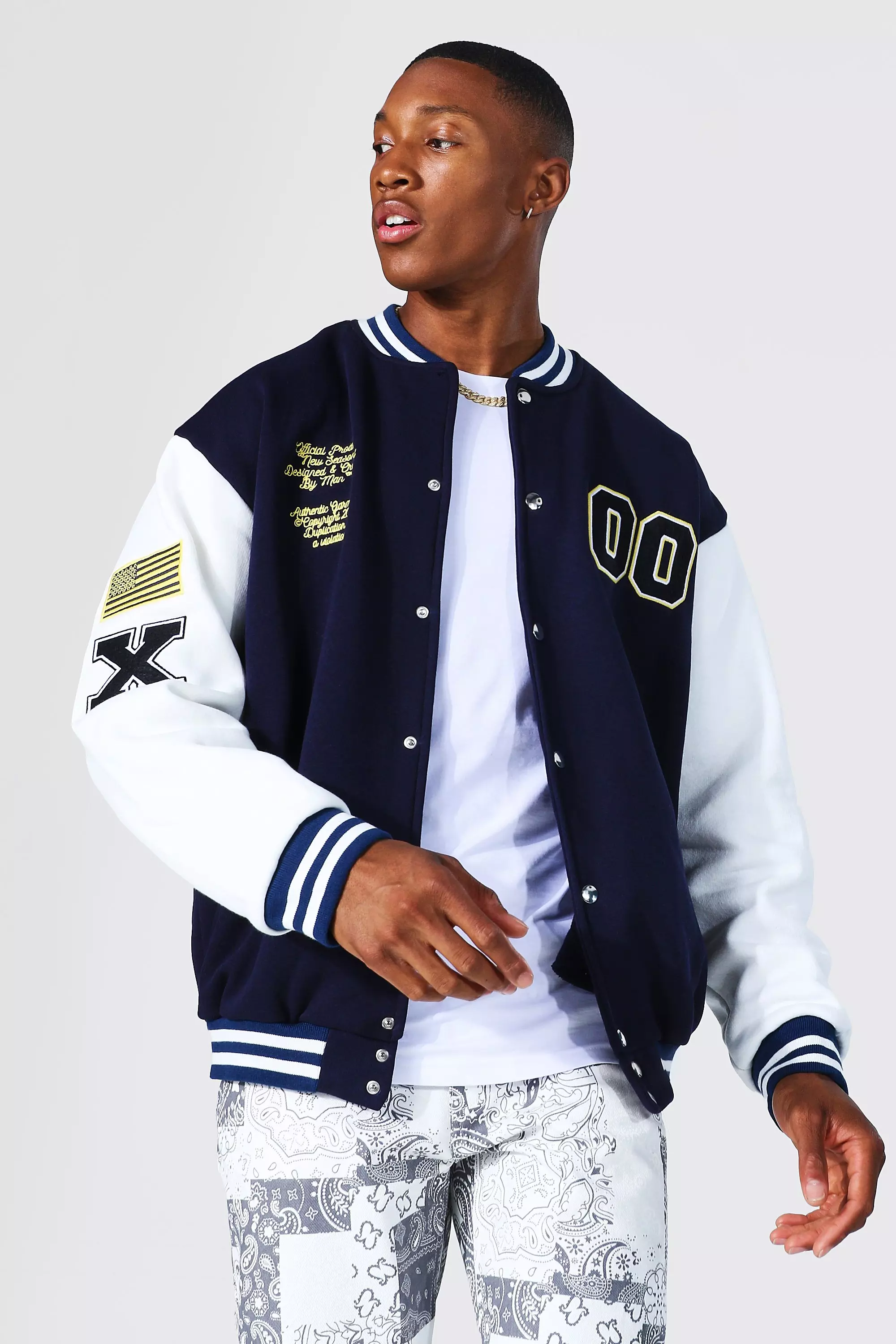 BoohooMAN Plus Red and White Cotton Jersey Bomber Varsity Jacket with  Badges