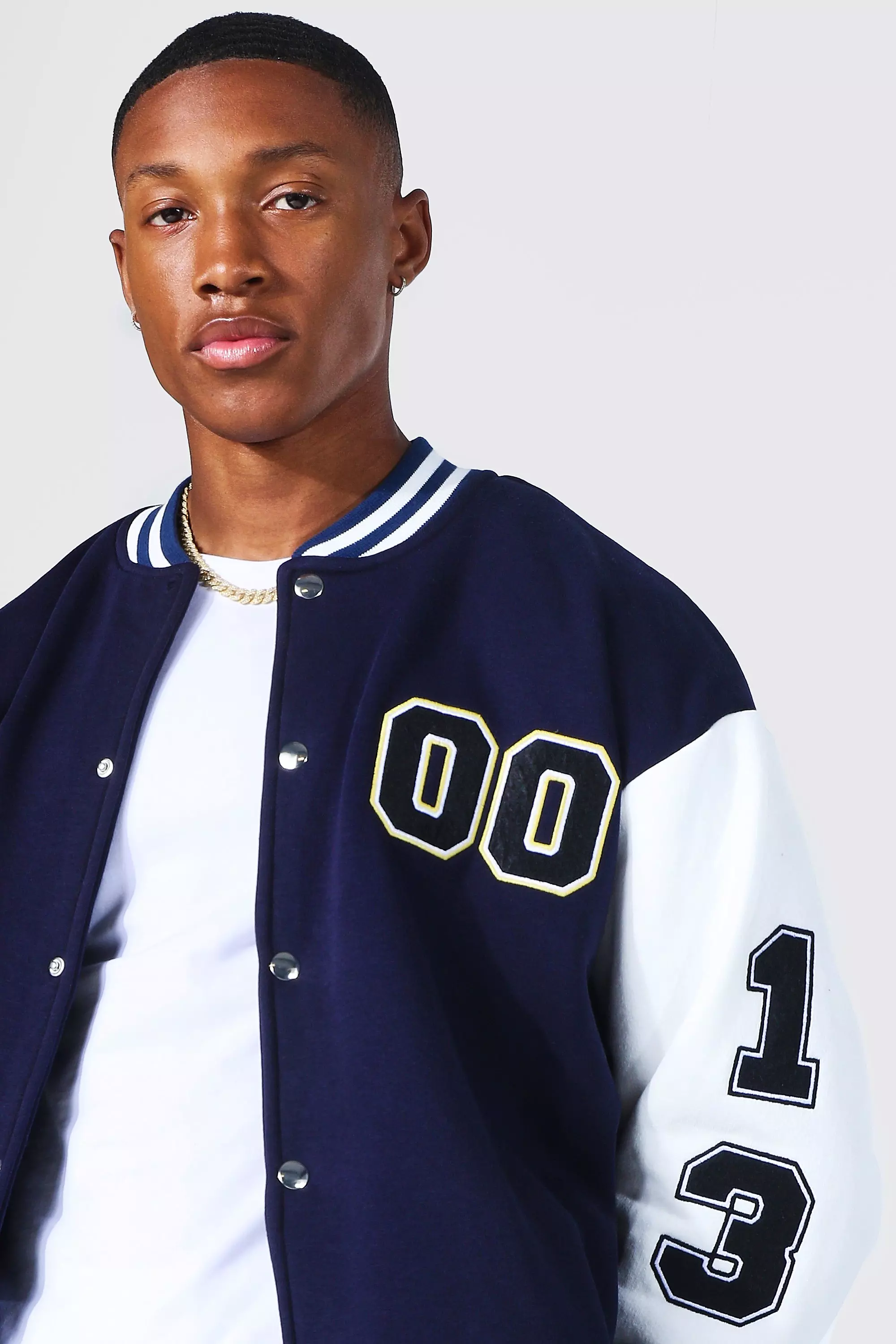 boohooman blue varsity jacket