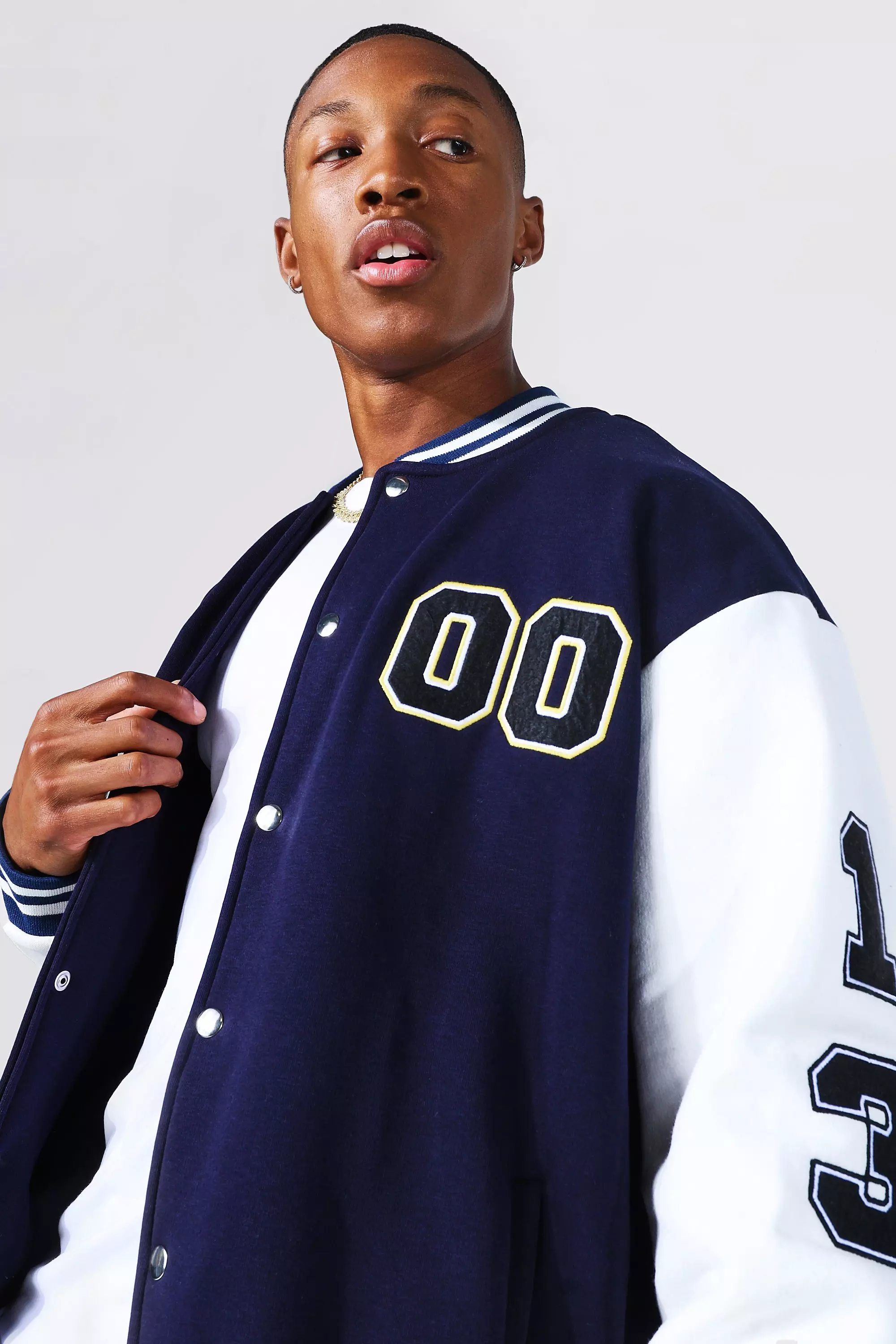 Official Man Jersey Varsity Bomber Jacket | boohooMAN USA