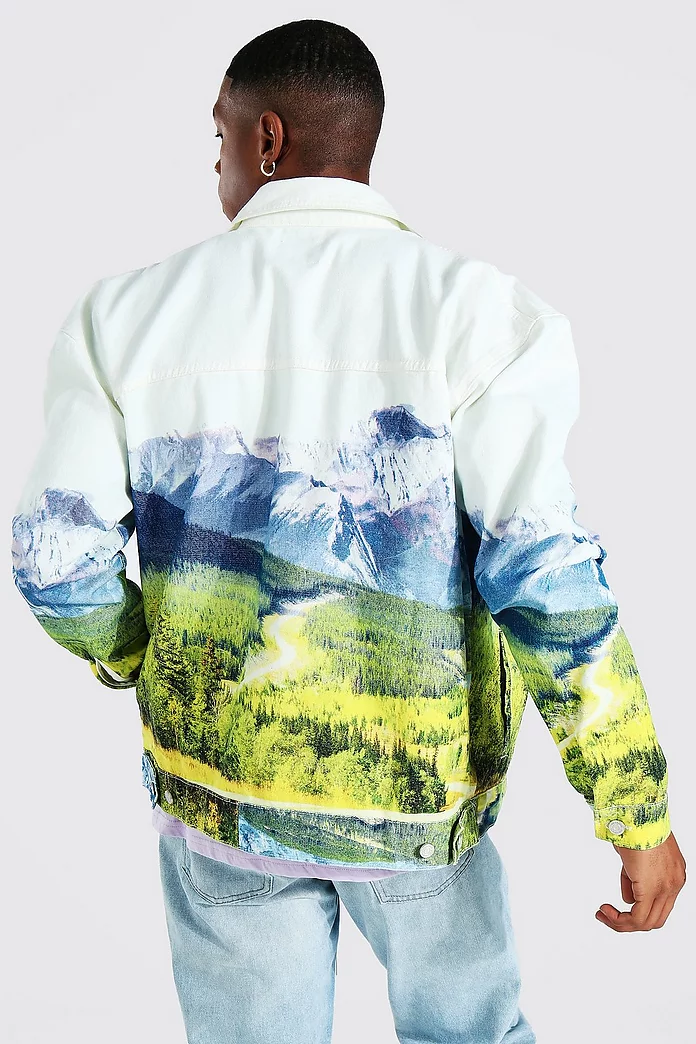 Oversized Mountain Print Denim Jacket | boohooMAN USA