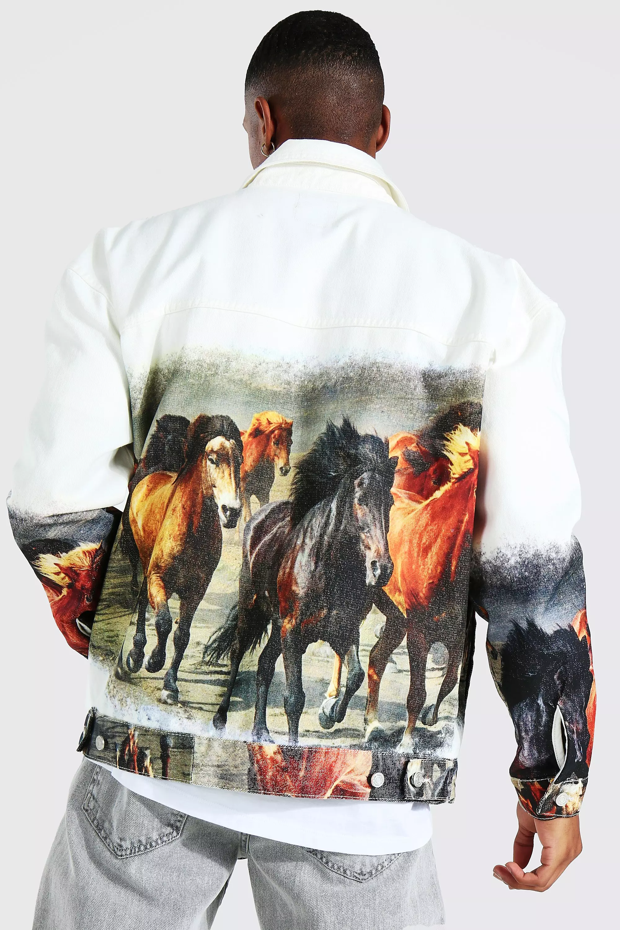 Oversized Horse Print Denim Jacket | boohooMAN USA