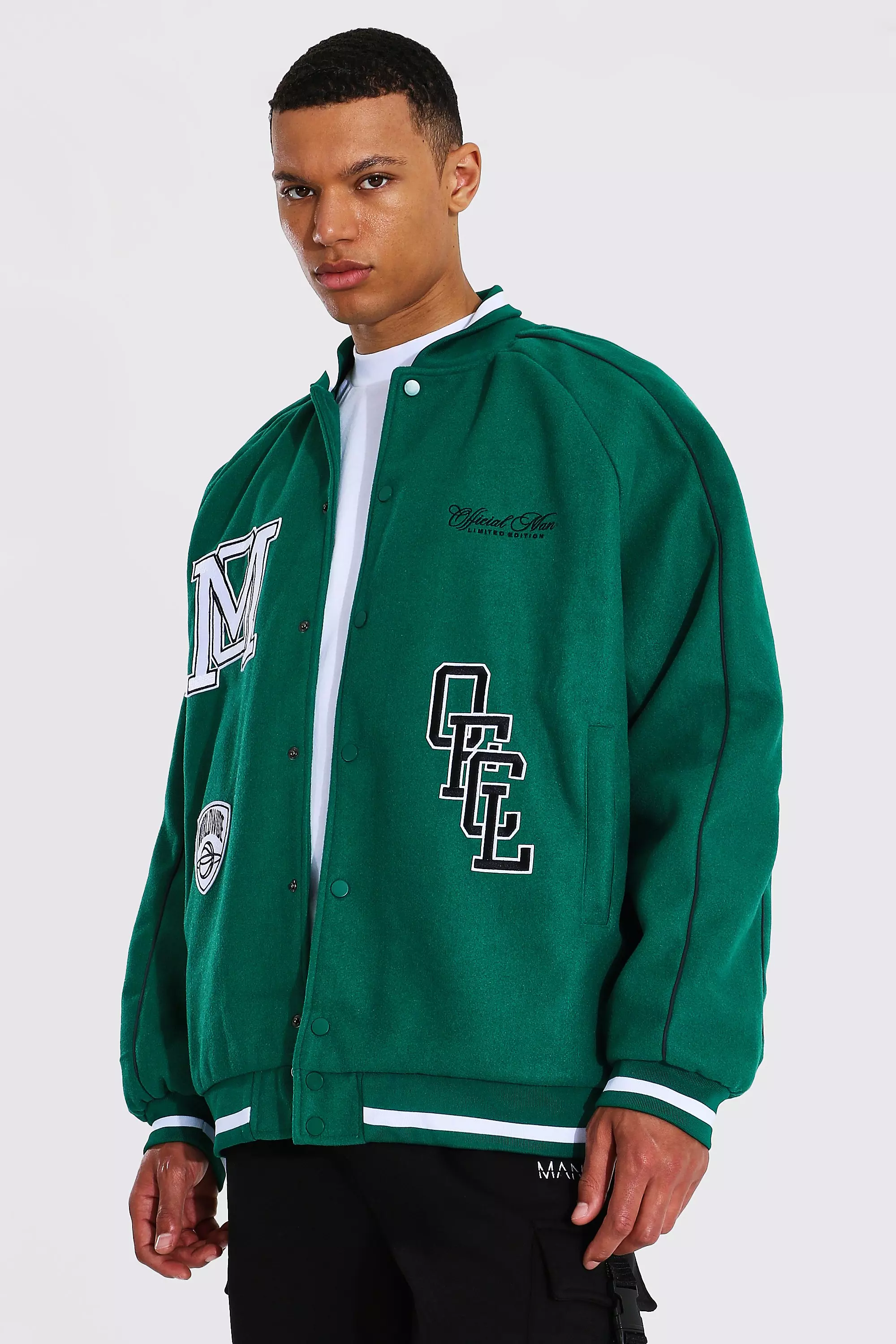 Tall Roll Collar Varsity Jacket With Piping | boohooMAN USA