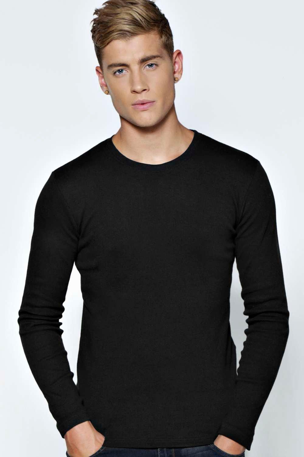 Long Sleeve Crew Neck Ribbed T Shirt - boohooMAN