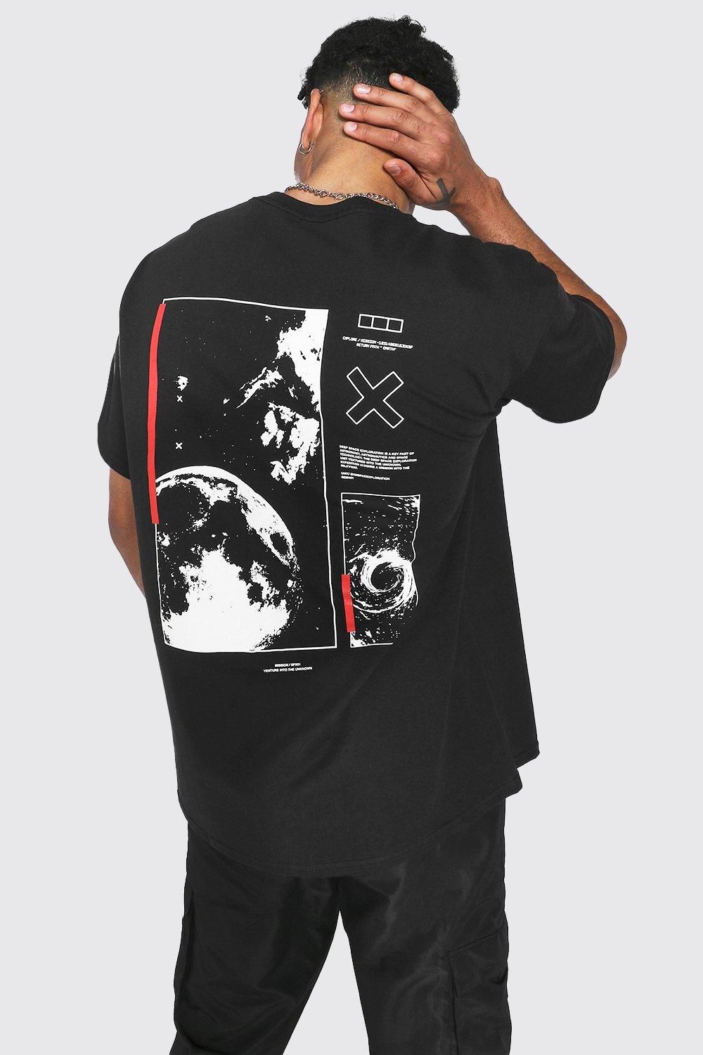Mens Black Oversized Space Back Print T-shirt, Black