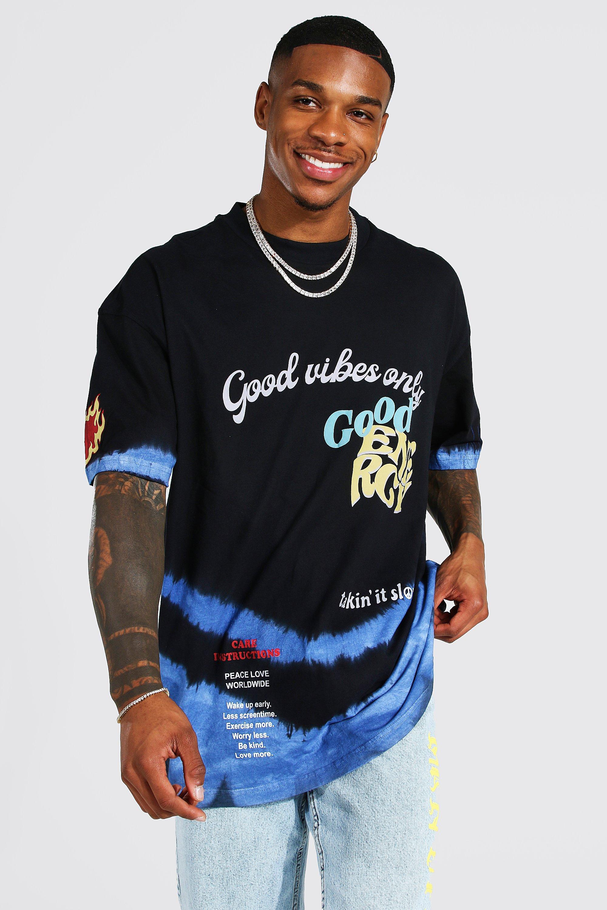 Mens Blue Oversized Heavyweight Slogan Tie Dye T-shirt, Blue