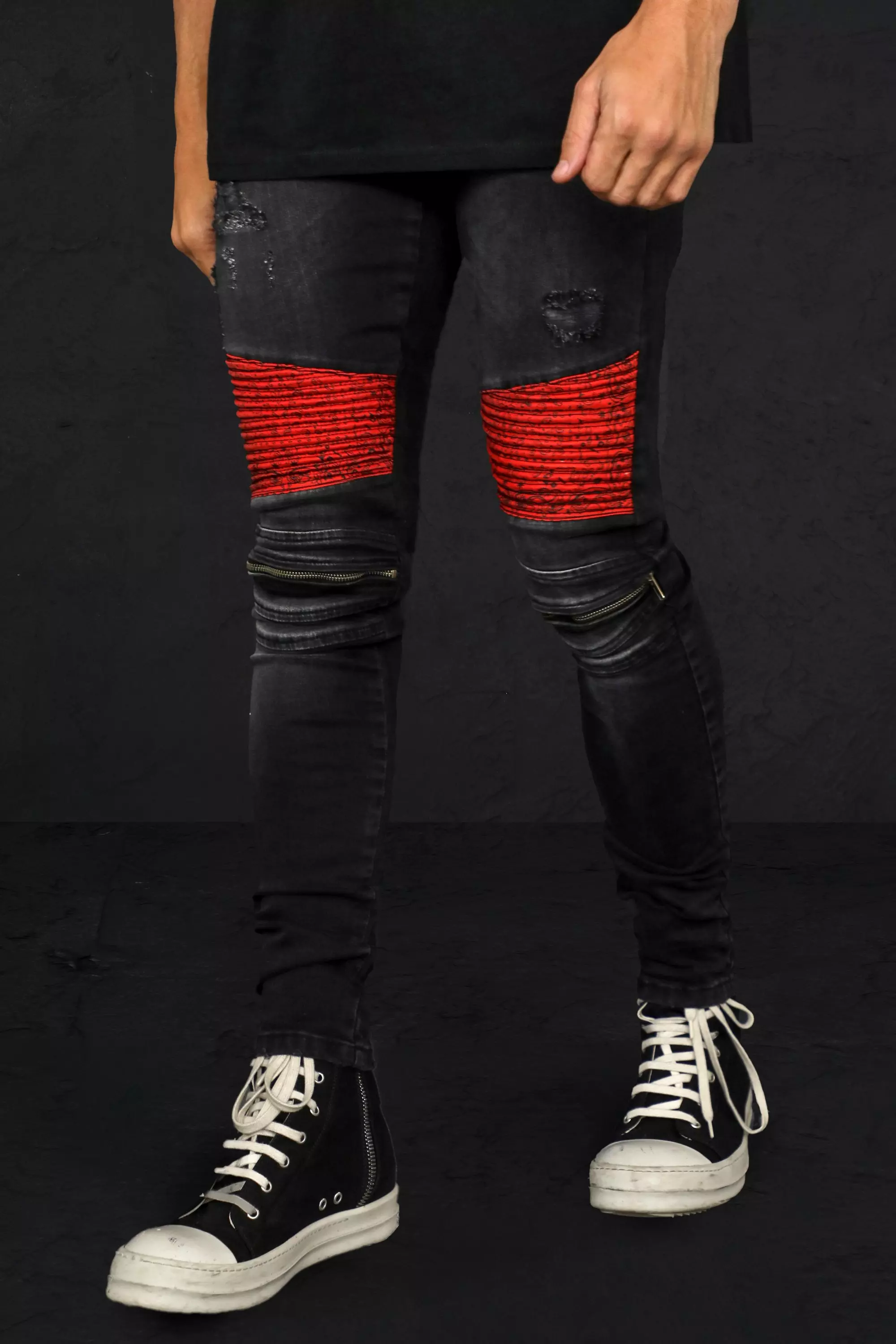 Skinny Bandana Biker Jeans Mit Reissverschluss Boohooman