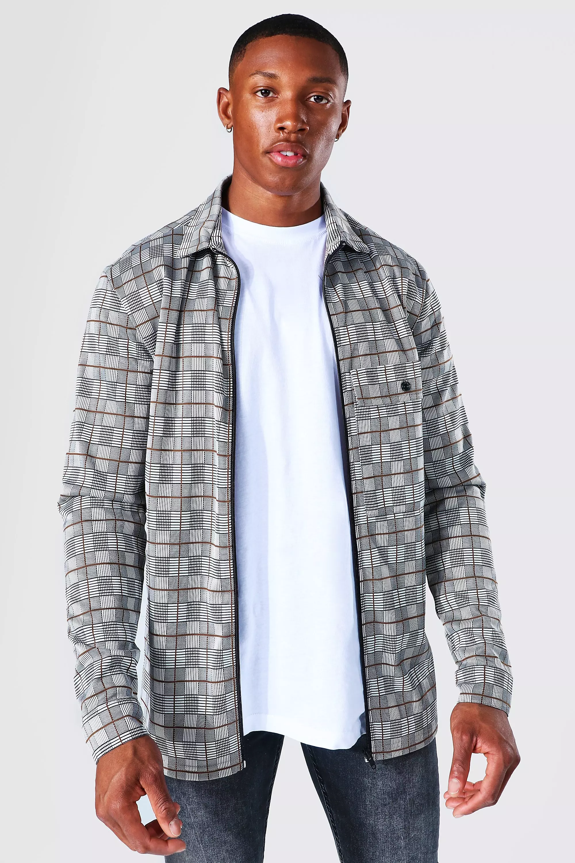 Check Jacquard Utility Coach Zip Overshirt | boohooMAN USA