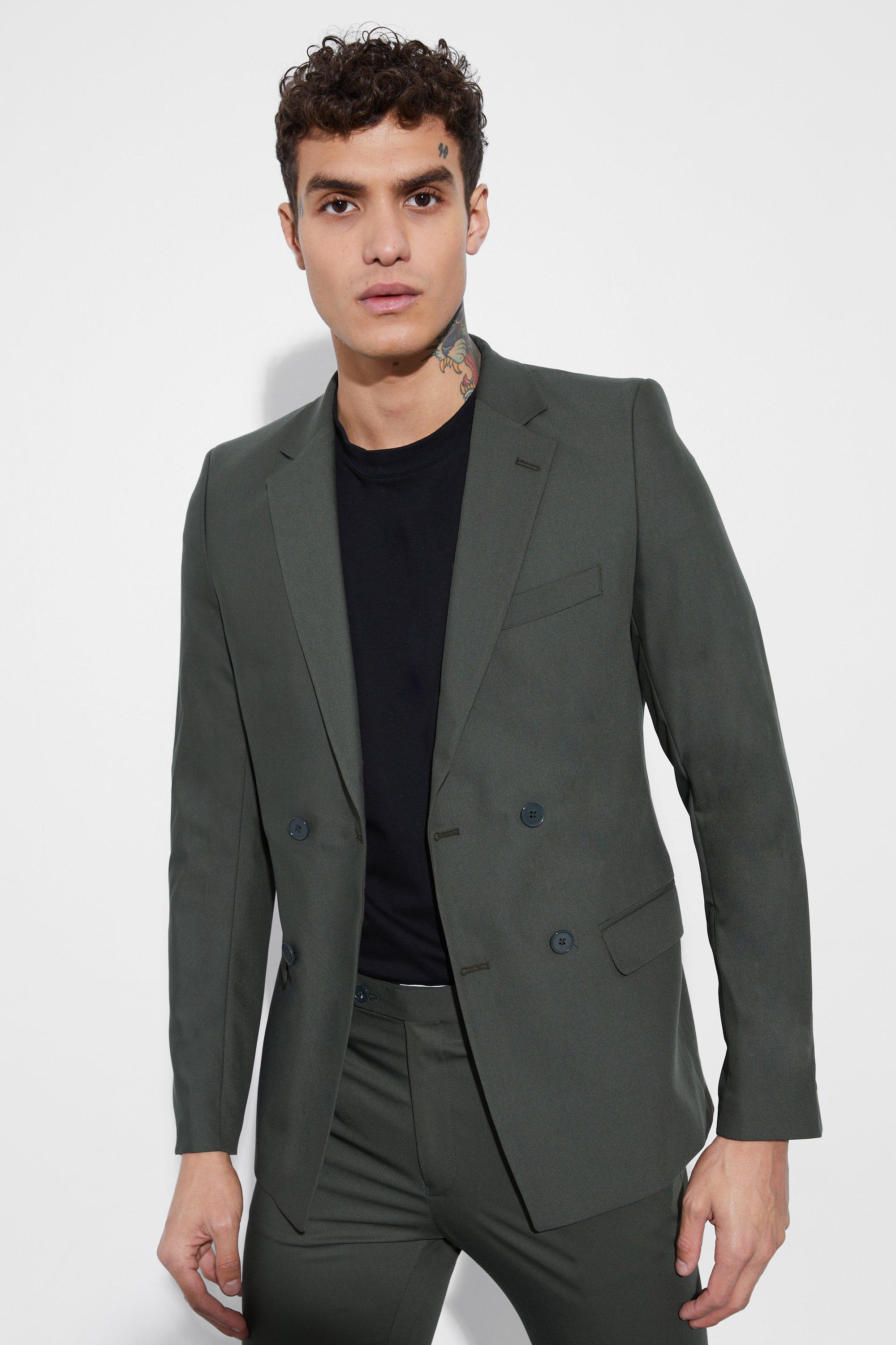 Mens Green Super Skinny Double Breasted Suit Jacket, Green