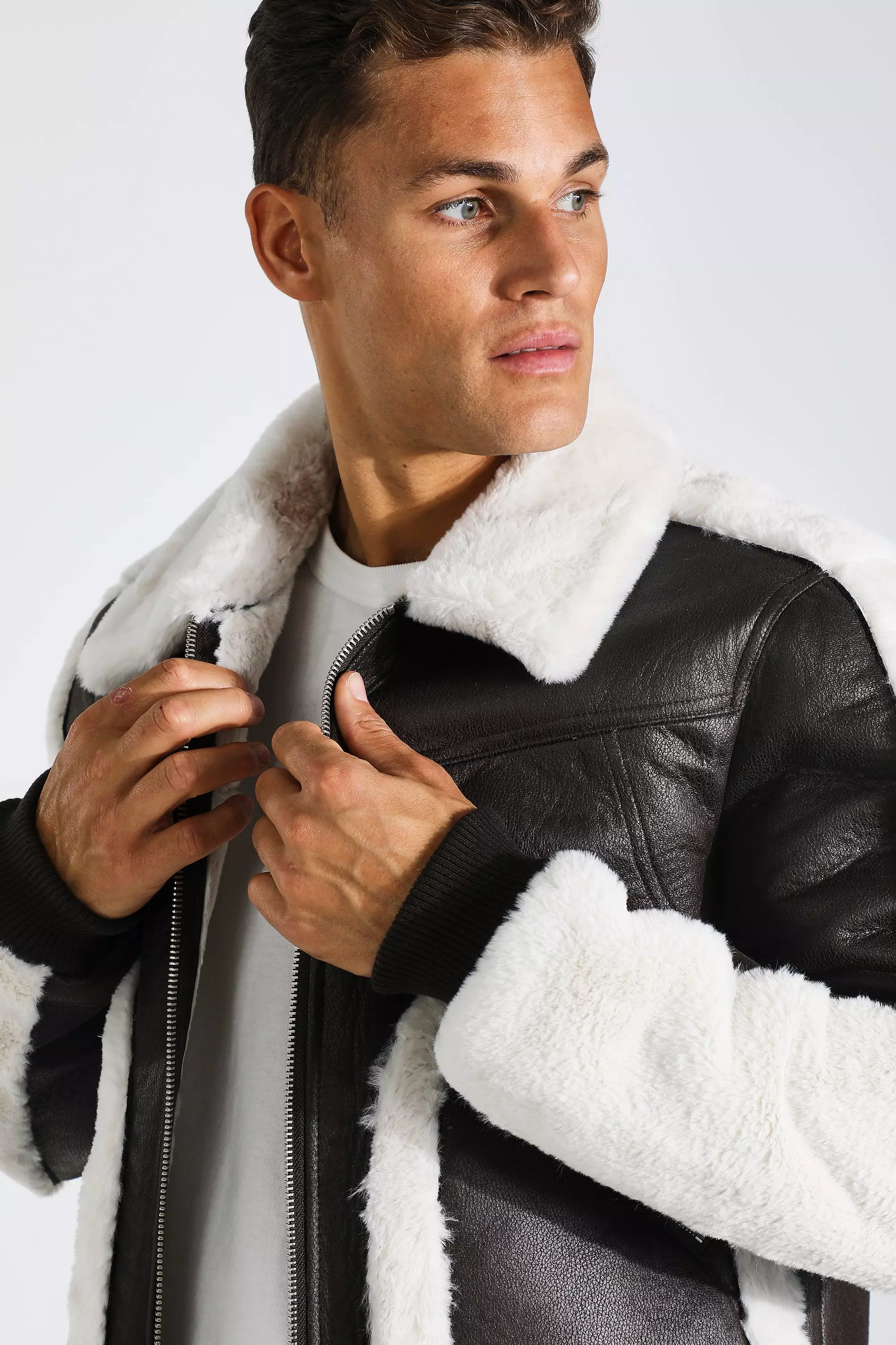 Boohooman aviator jacket with faux fur on sale lining in black