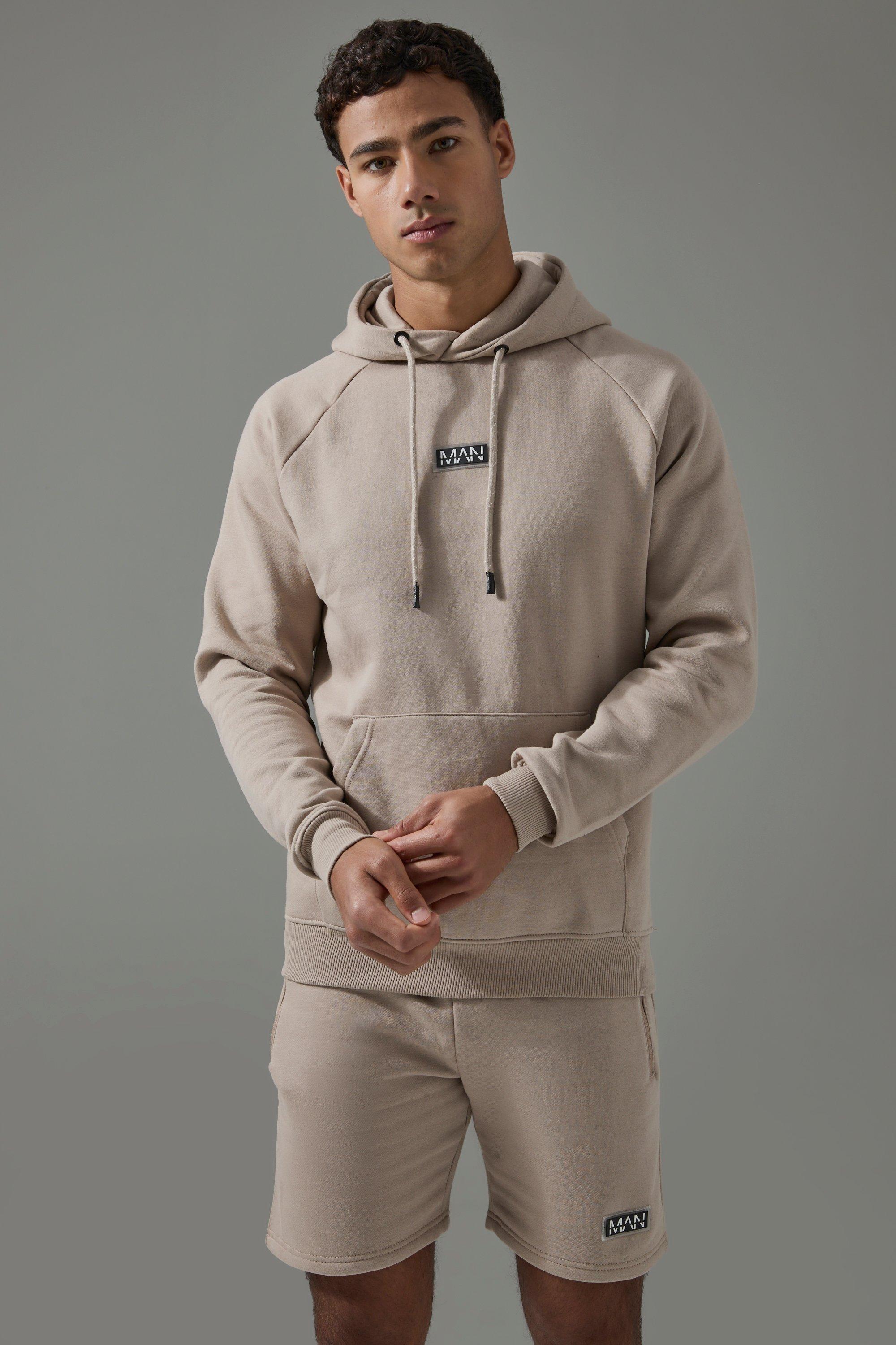 Mens Beige Man Active Gym Training Hoodie & Short Set, Beige