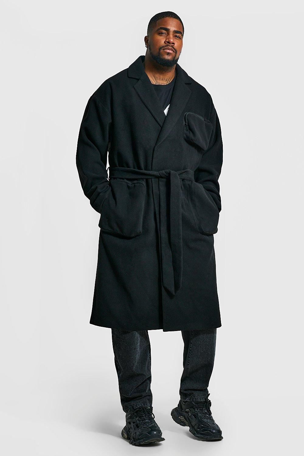 grande taille - manteau long style utilitaire à ceinture homme - noir - xxxl, noir