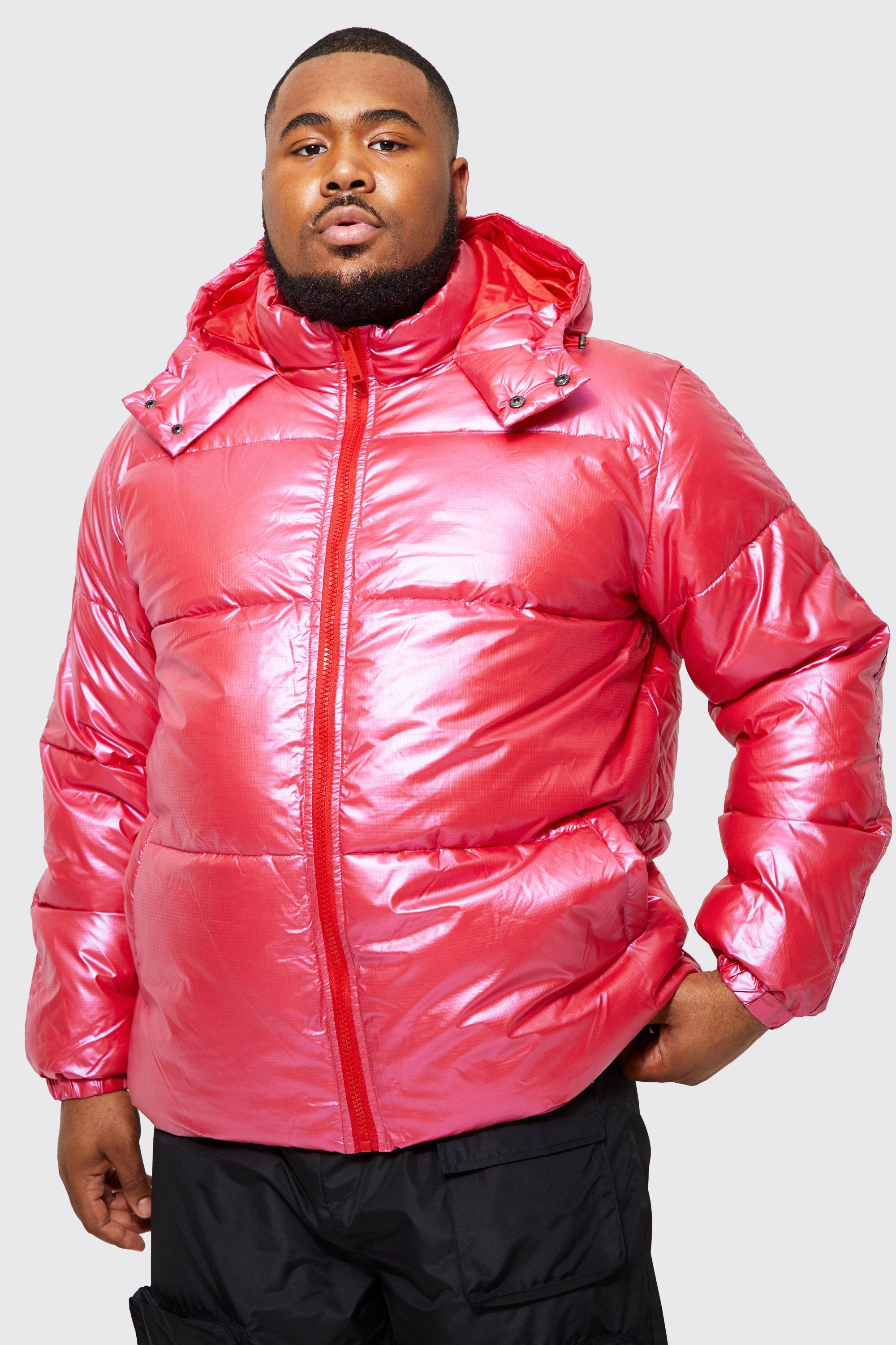 Mens Red Plus High Shine Ripstop Man Print Tape Puffer, Red
