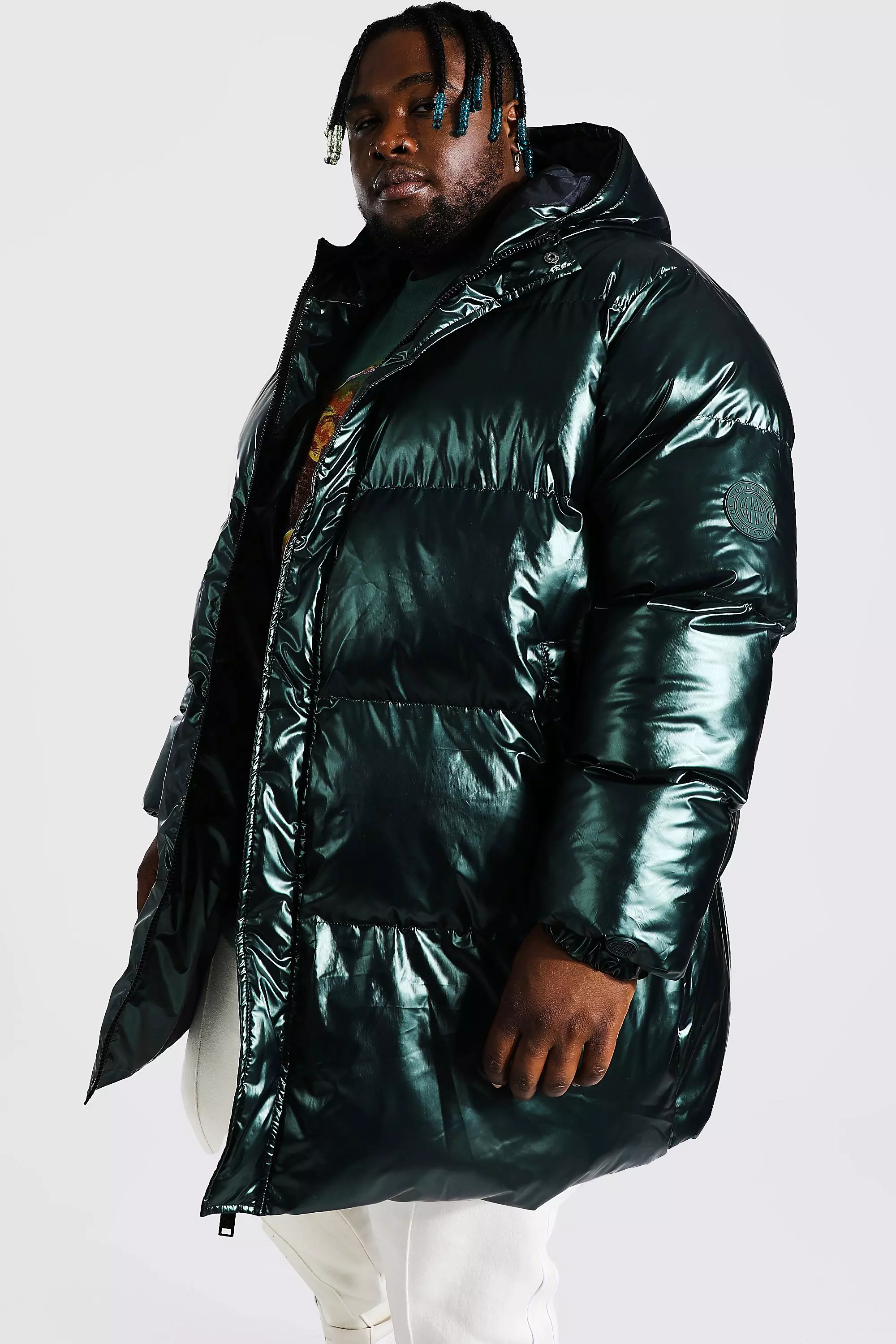 Plus High Shine Mid Length Puffer | boohooMAN USA