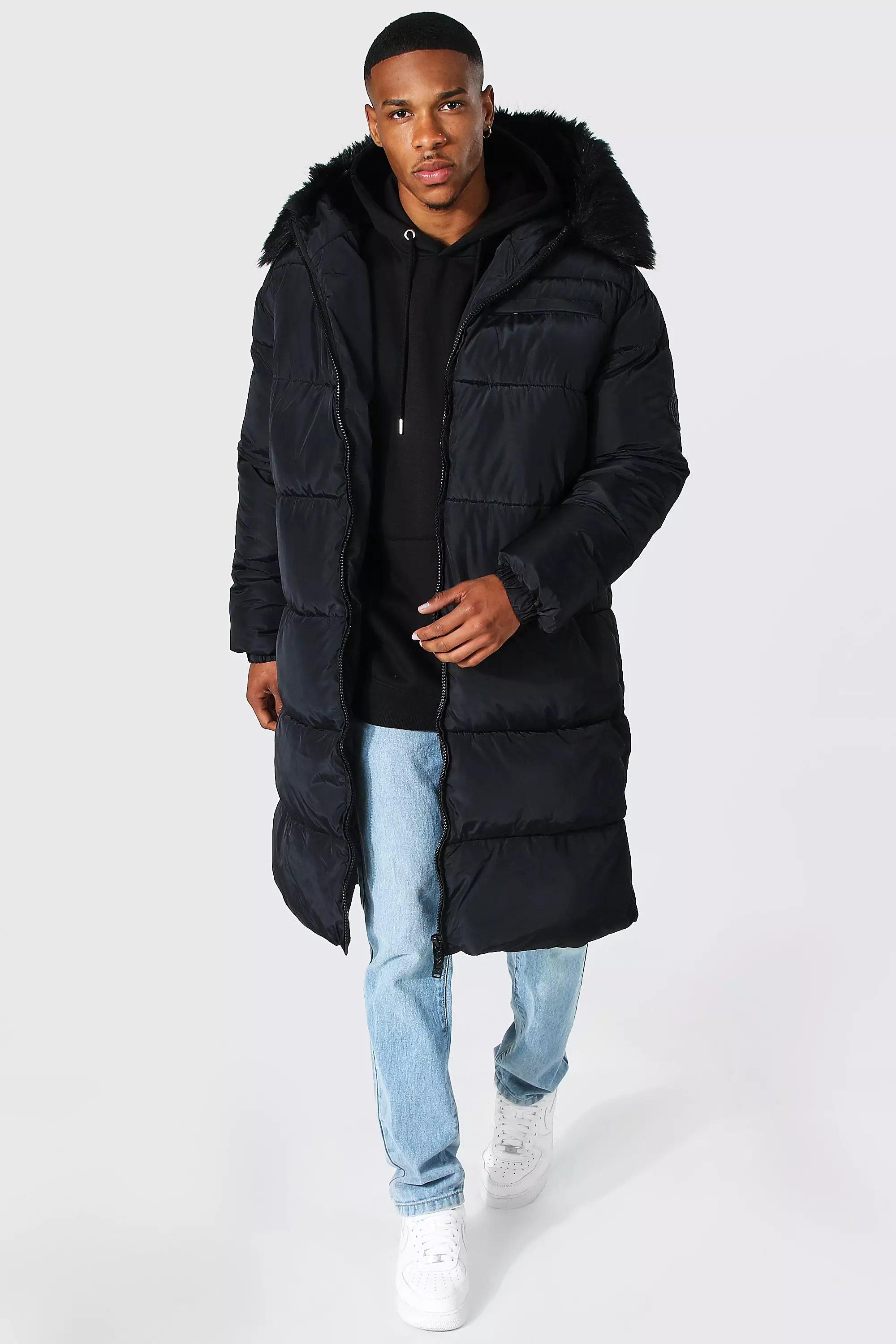 Black longline faux store fur hooded coat