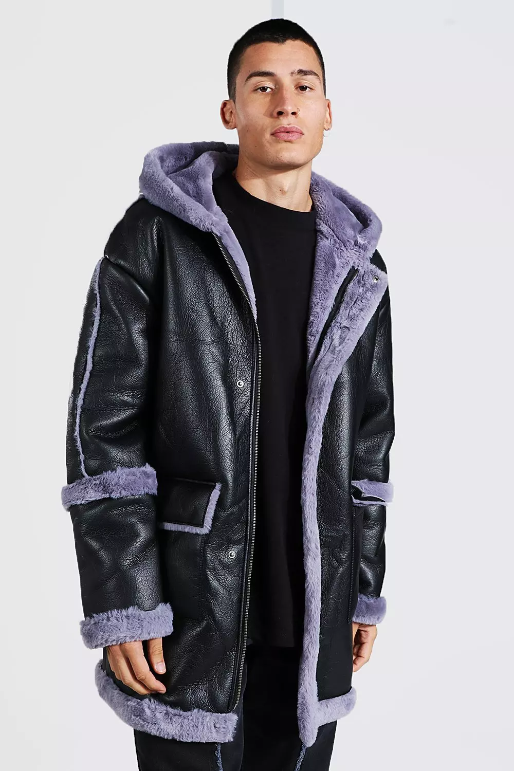 Wet look jacket with fur outlet hood