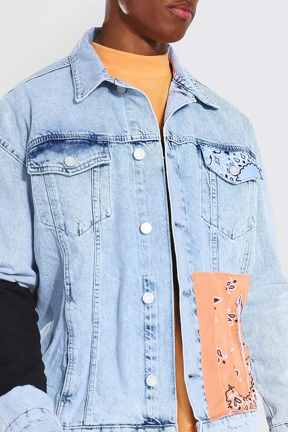 boohooMAN Men's Oversized Patchwork Denim Windbreaker