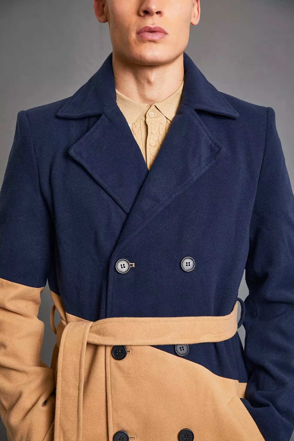 Colour Block Double Breasted Trench Overcoat