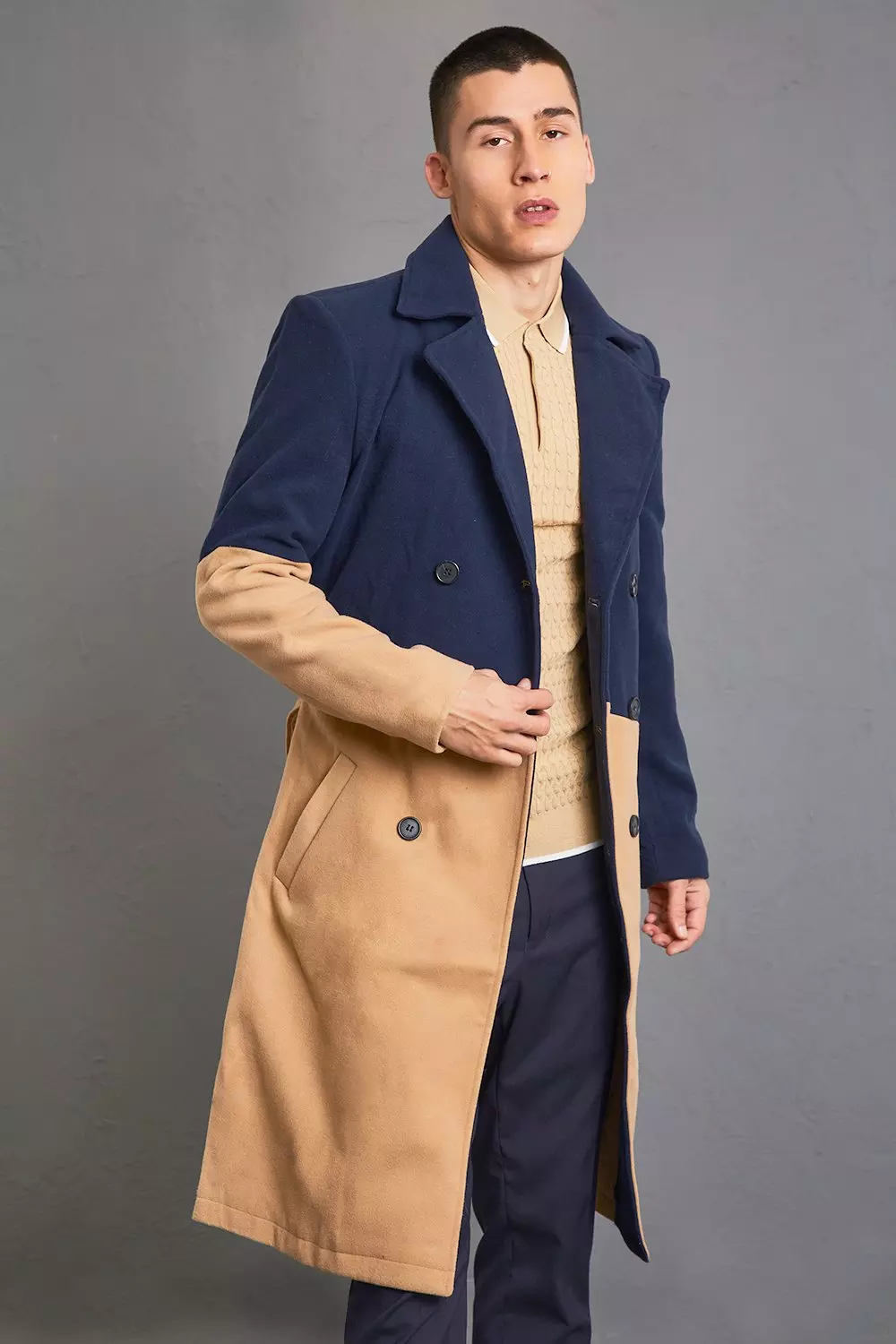 Colour Block Double Breasted Trench Overcoat