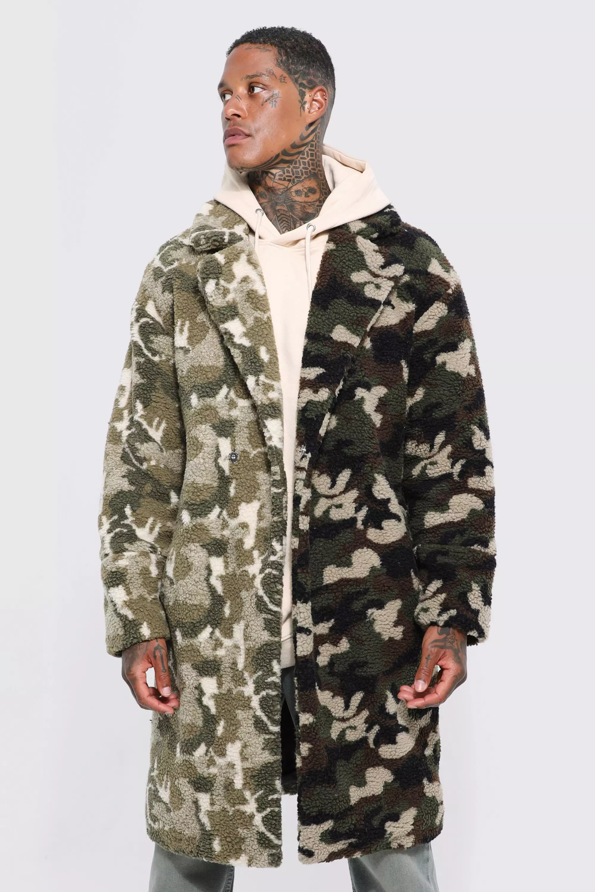 Camo Spliced Borg Longline Coat boohooMAN USA